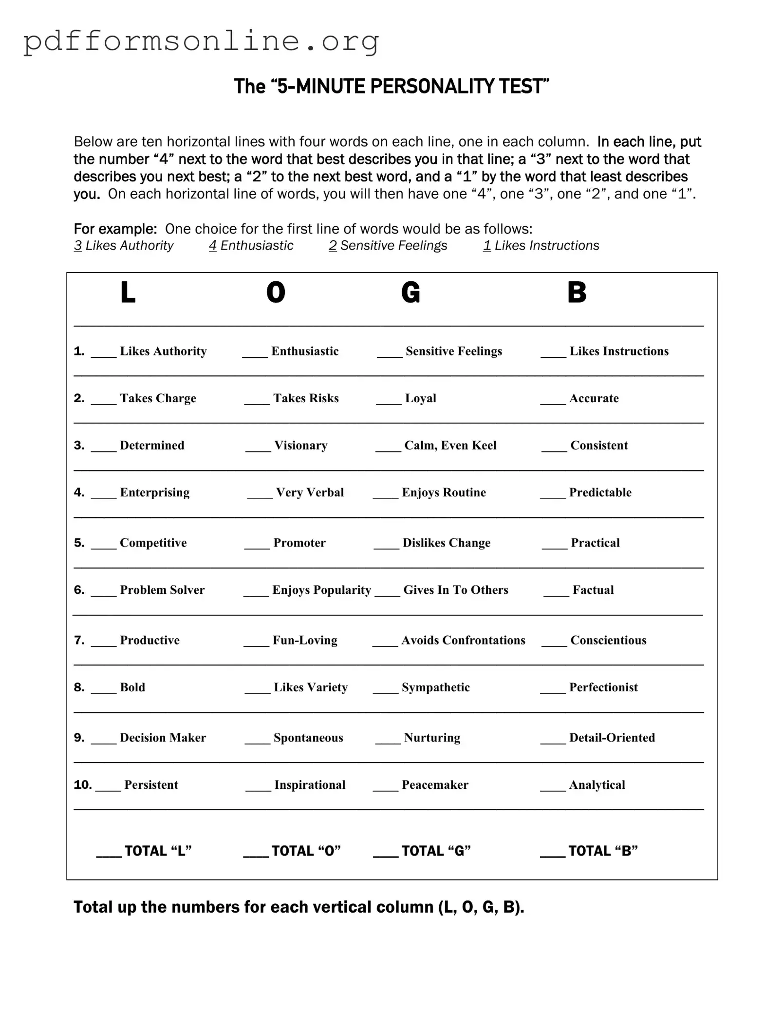 5 Minute Personality Test Template