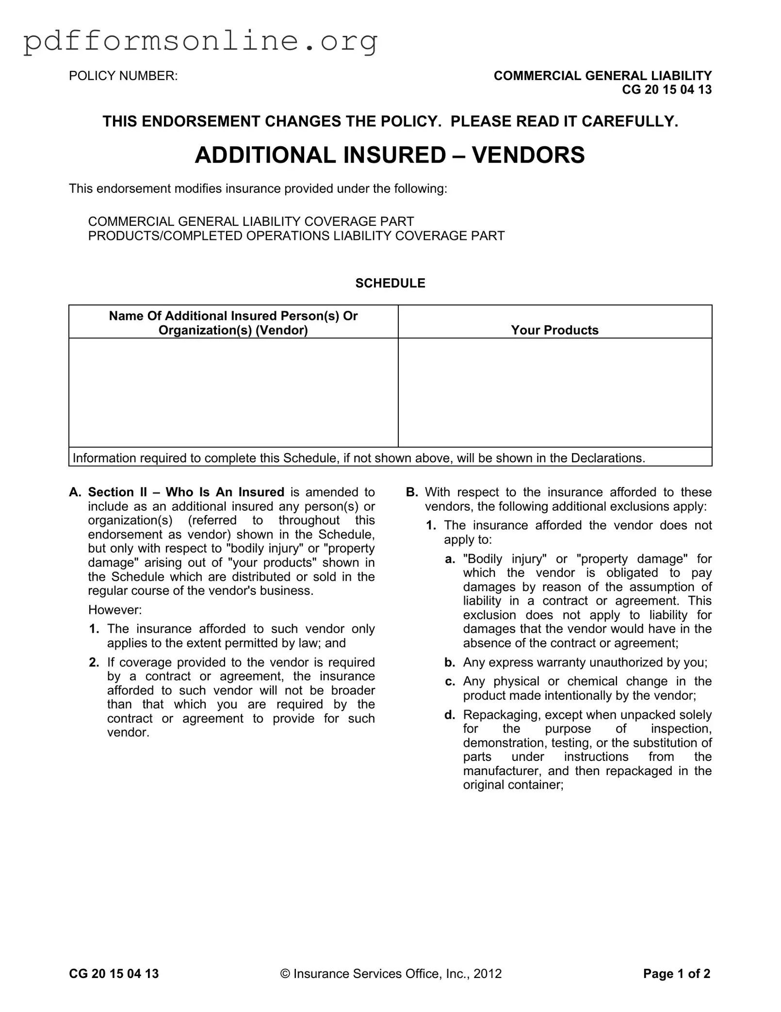 Additional Insured Vendors Template