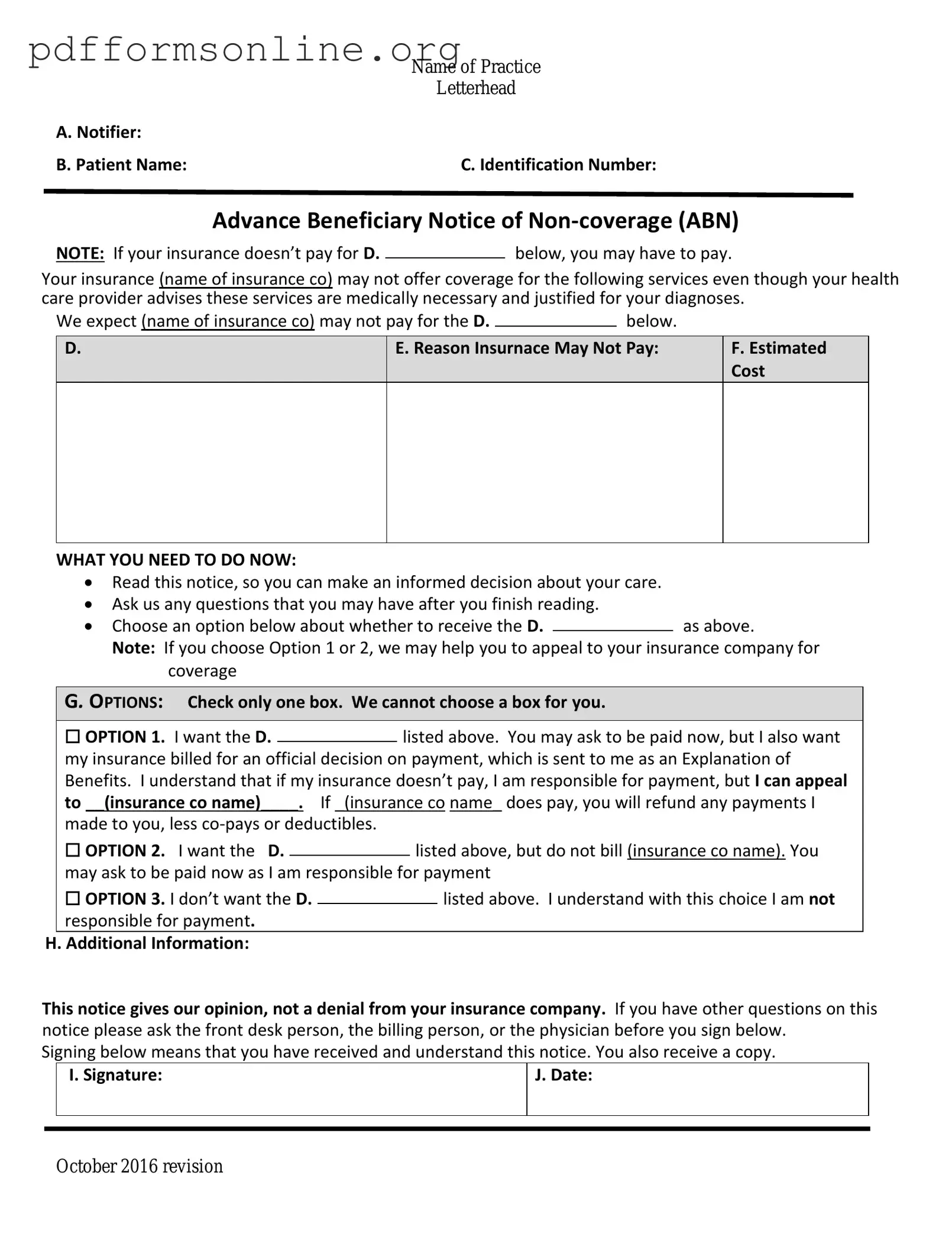Advance Beneficiary Notice of Non-coverage Template