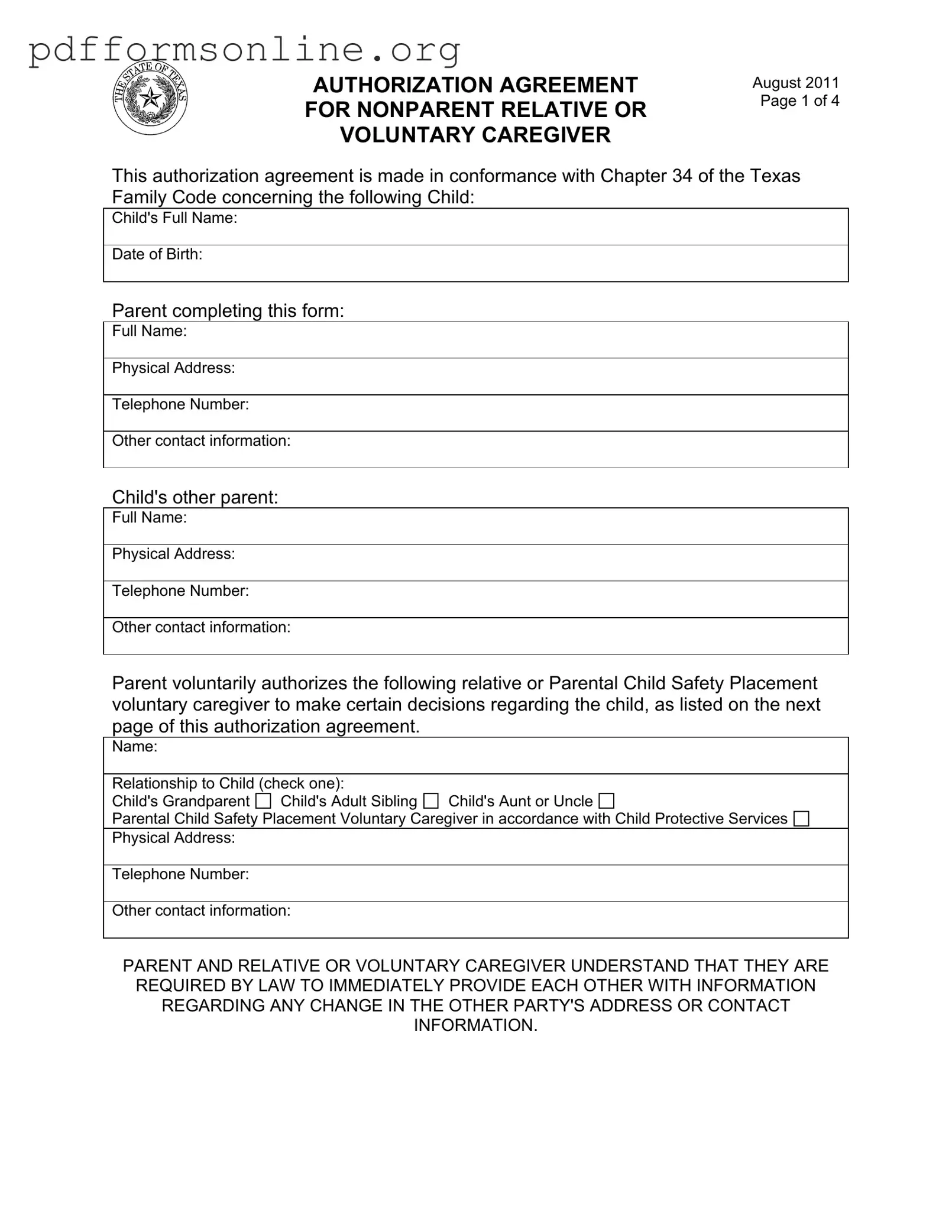 Agreement Nonparent Relative Caregiver Template