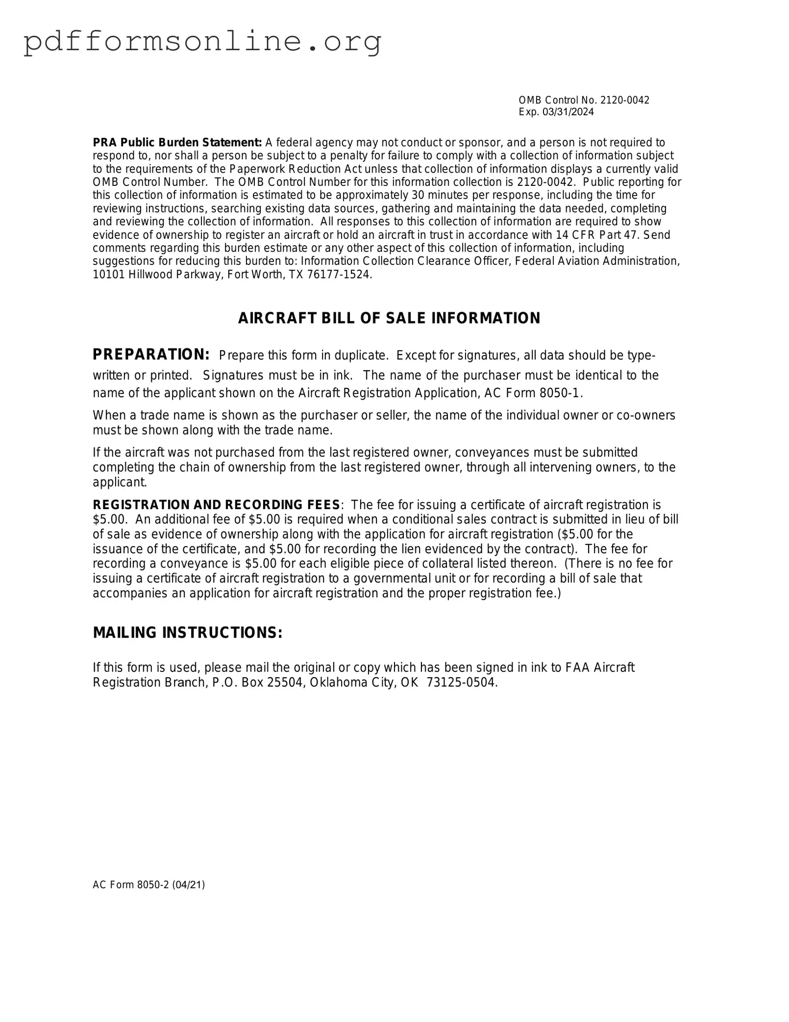 Aircraft Bill of Sale AC 8050-2 Template