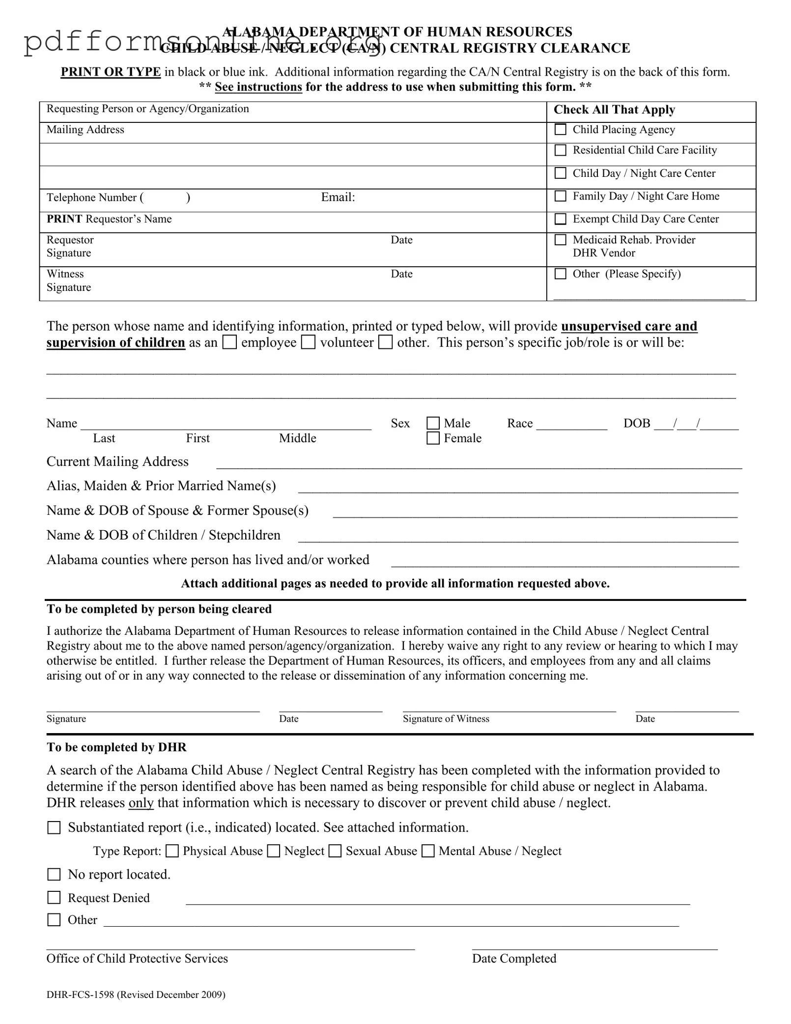 Alabama Central Registry Clearance Template