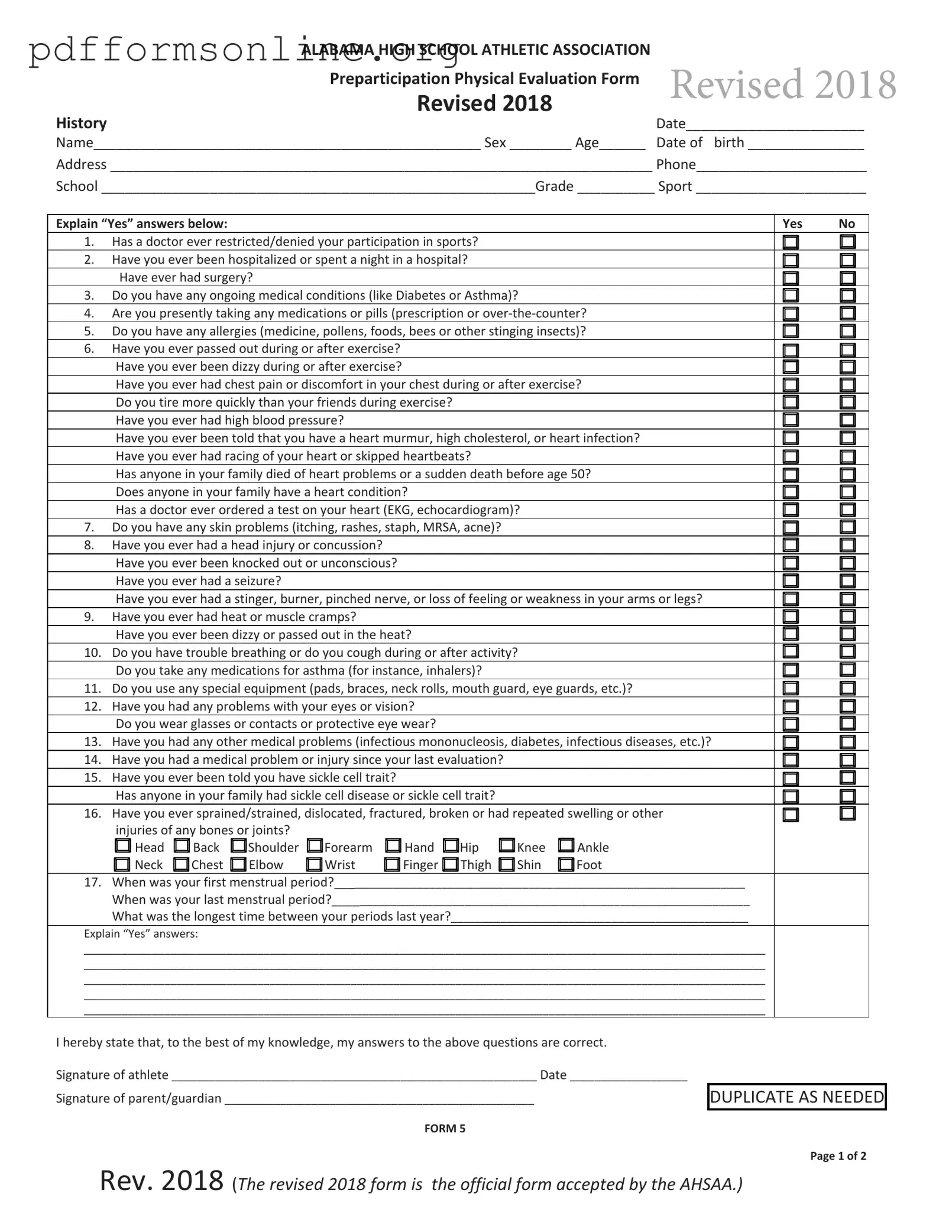 Alabama High School Physical Template