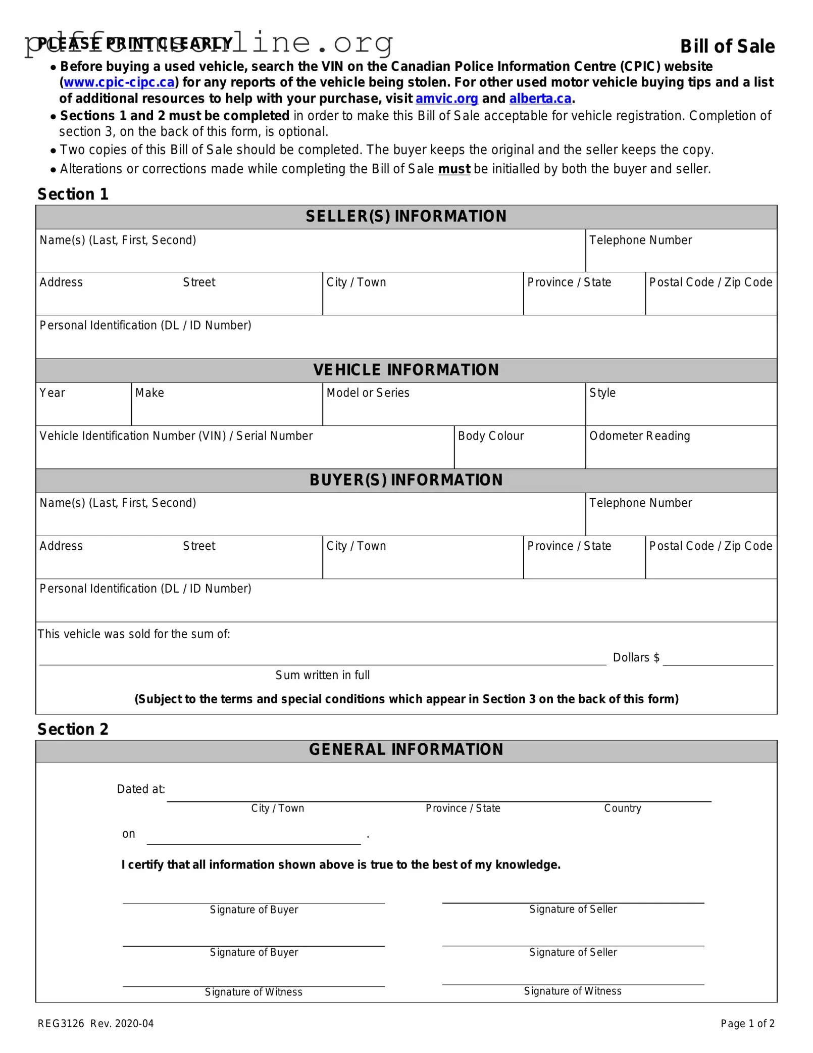 Alberta Bill Sale Template