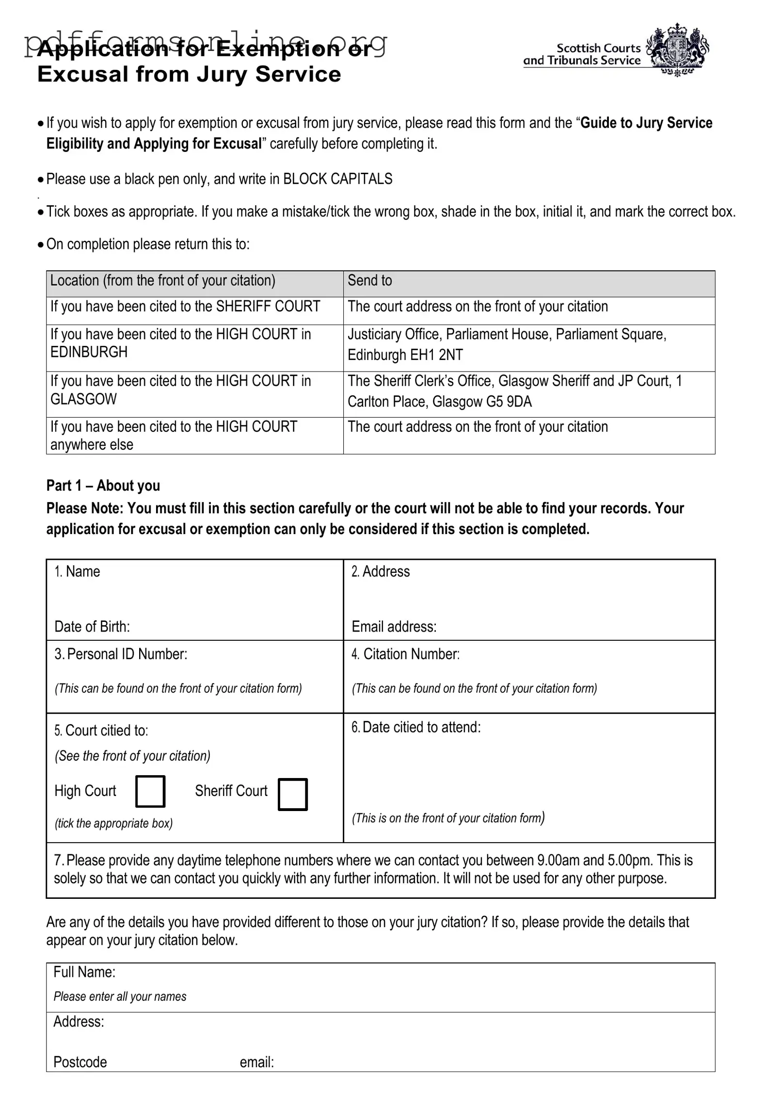 Application For Exemption Or Excusal From Jury Service Template