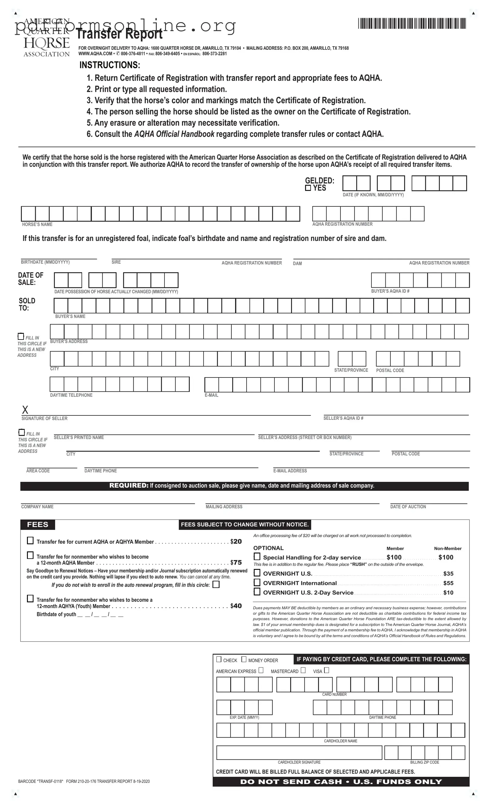 AQHA transfer form Template