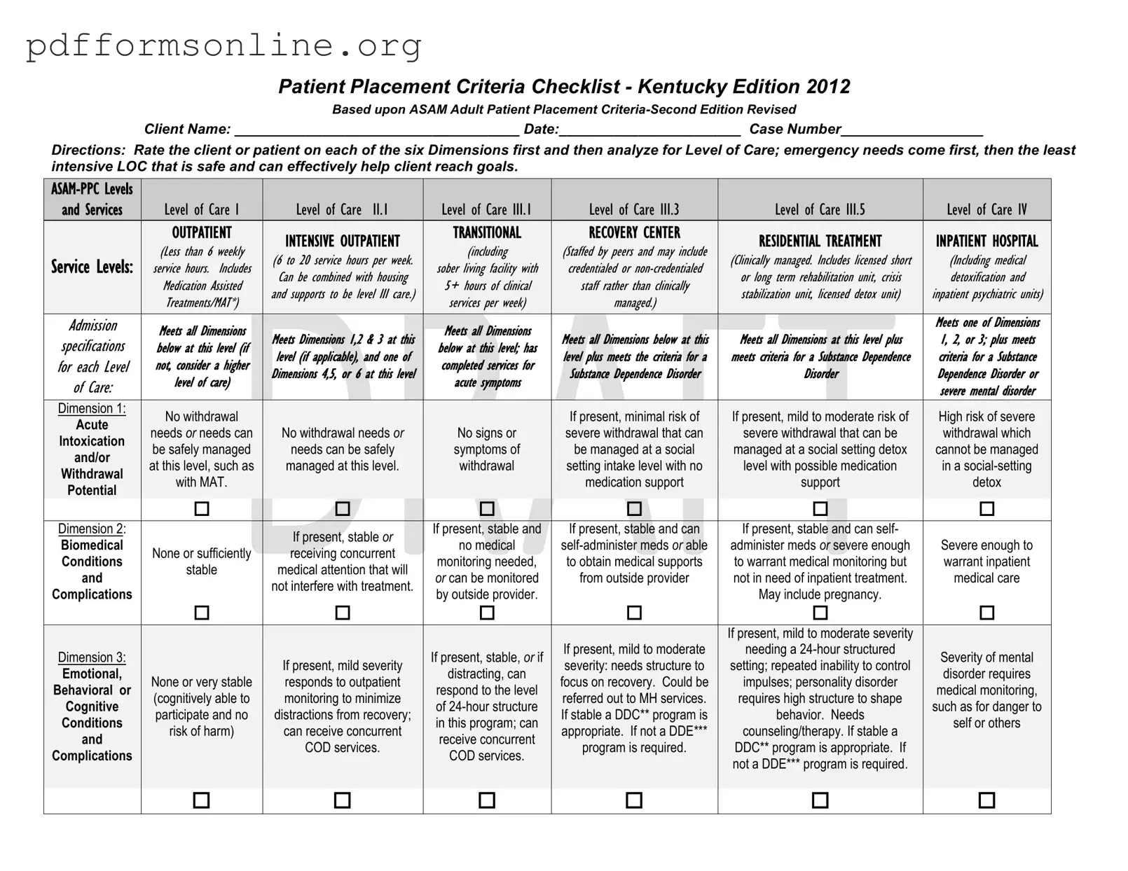 Asam Level Of Care Cheat Sheet Template