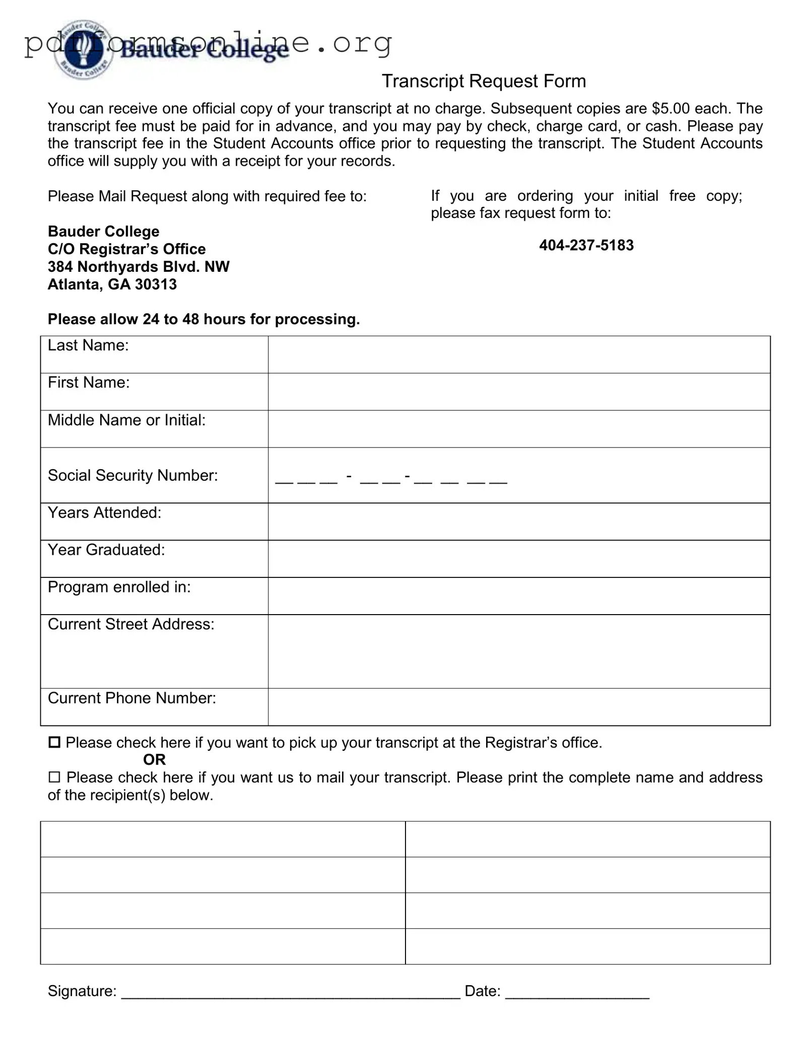 Bauder College Transcript Template