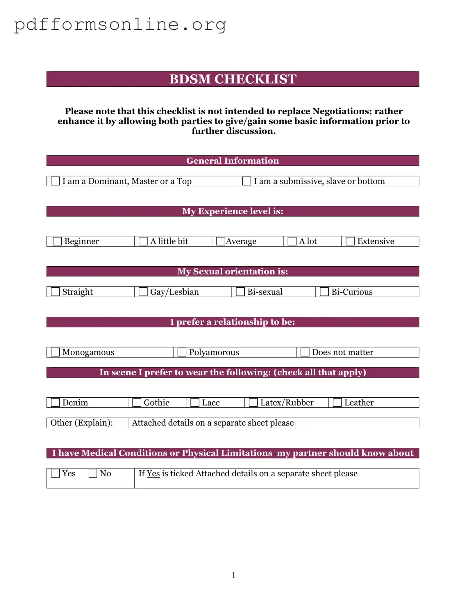 Bdsm Checklist Template