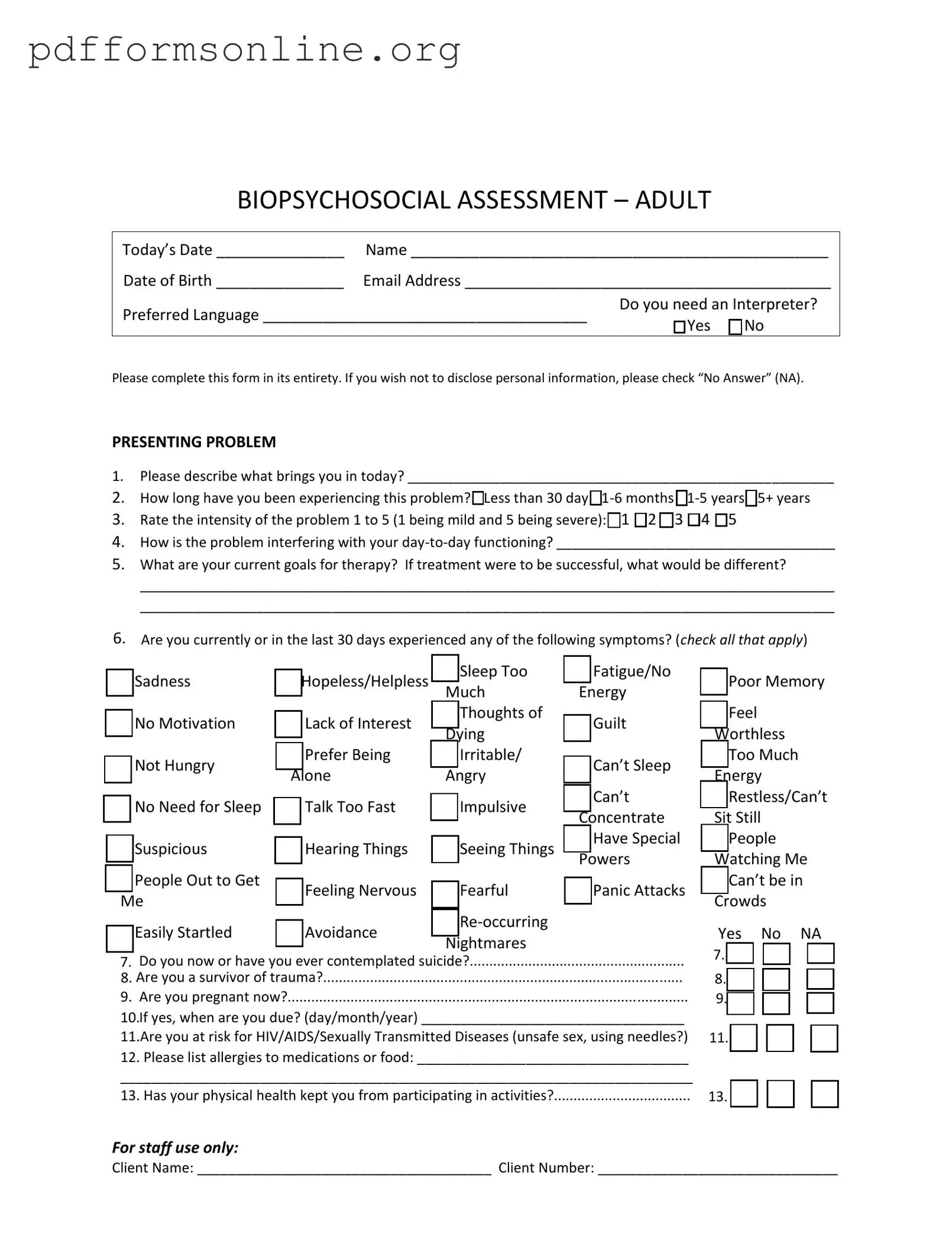 Biopsychosocial Assessment Social Work Template