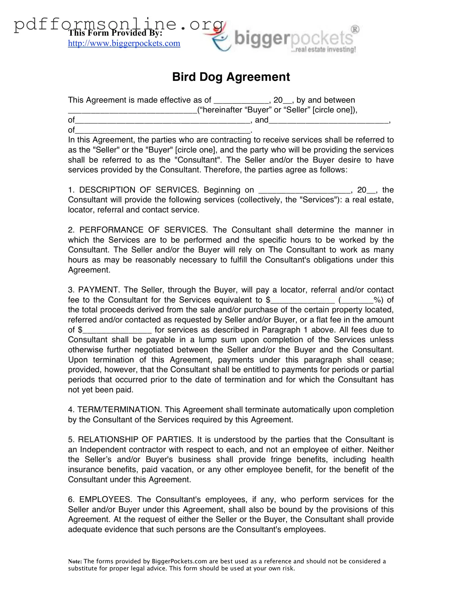 Bird Dog Agreement Template