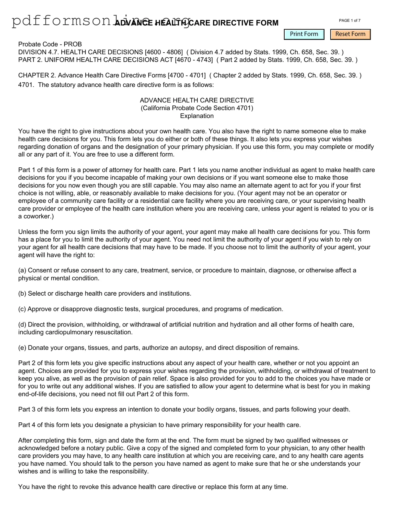 California Advanced Health Care Directive Template