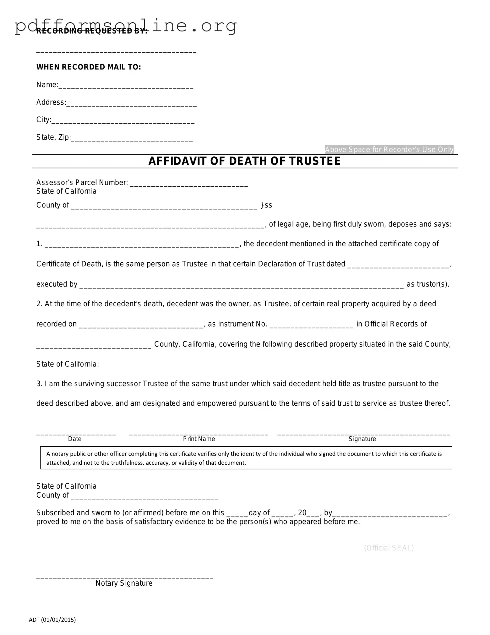 California Affidavit of Death of a Trustee Template
