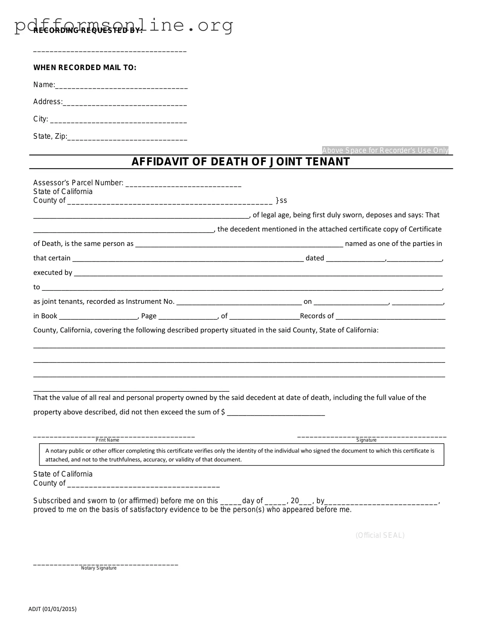 California Death of a Joint Tenant Affidavit Template