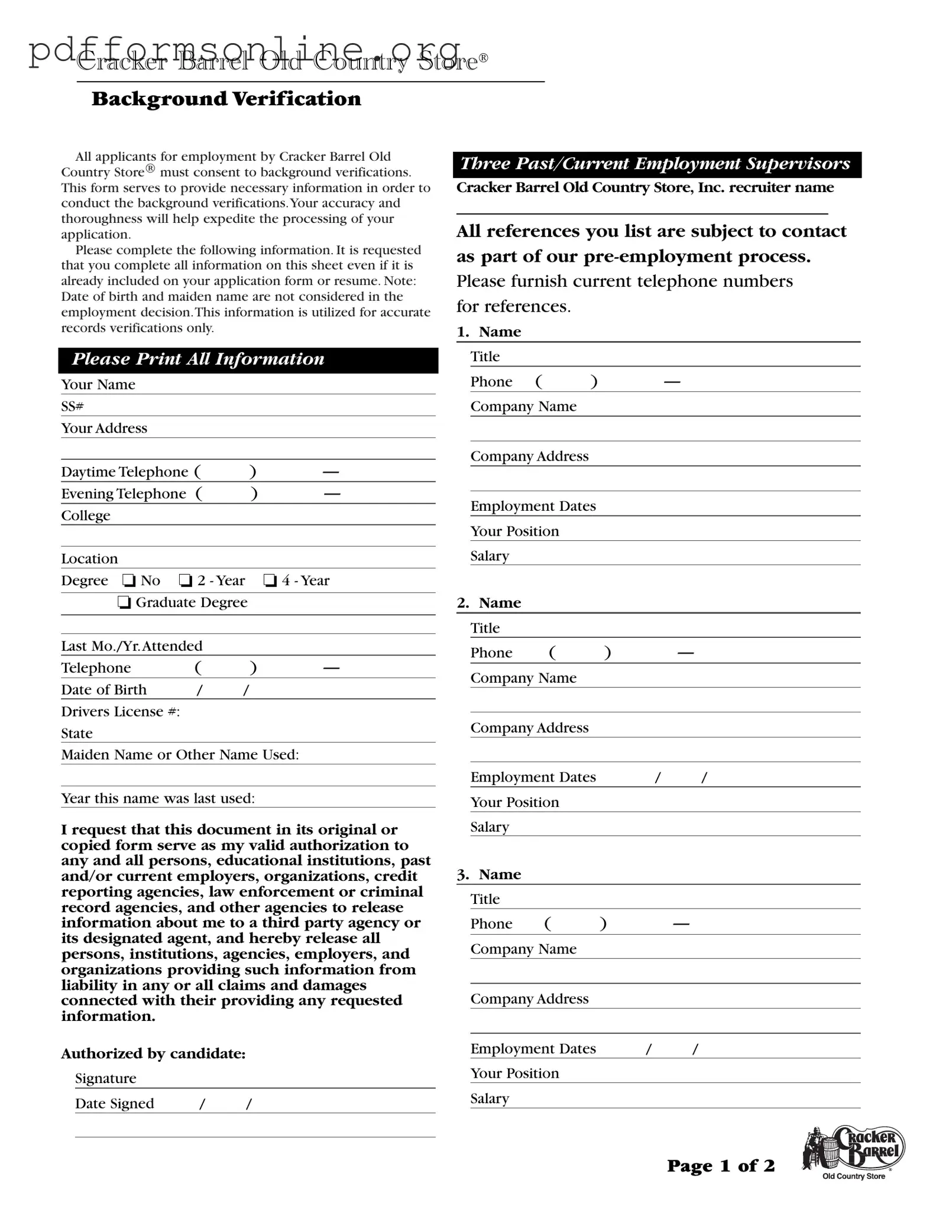 Cracker Barrel Background Check Template