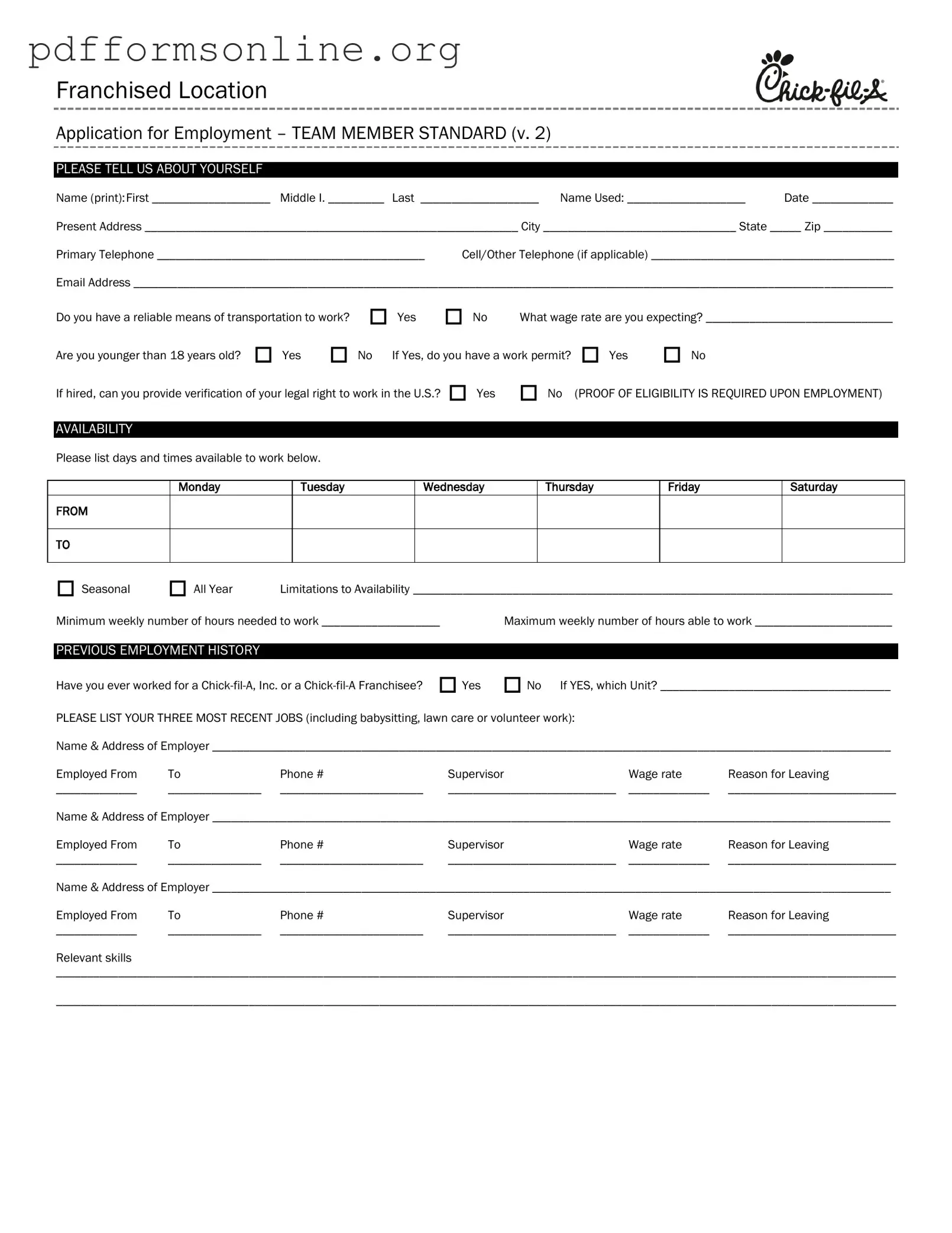 Chick Fil A Job Application Template