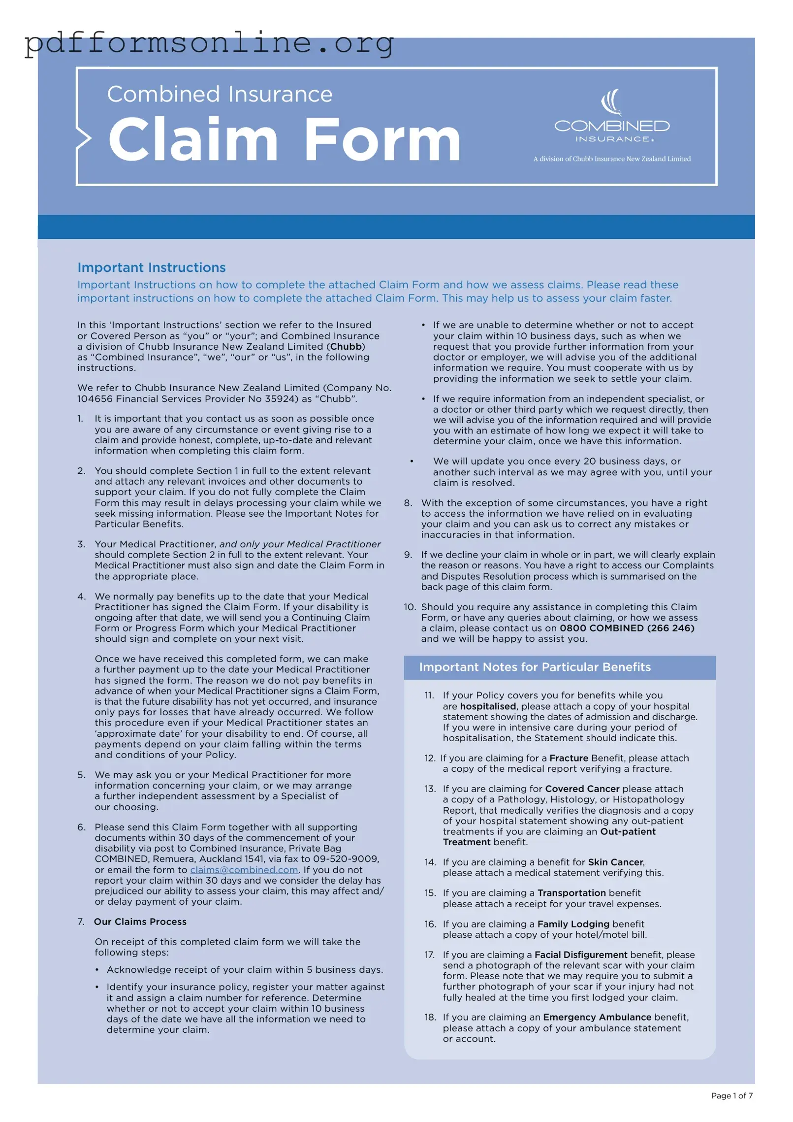 Combined Insurance Claim Template