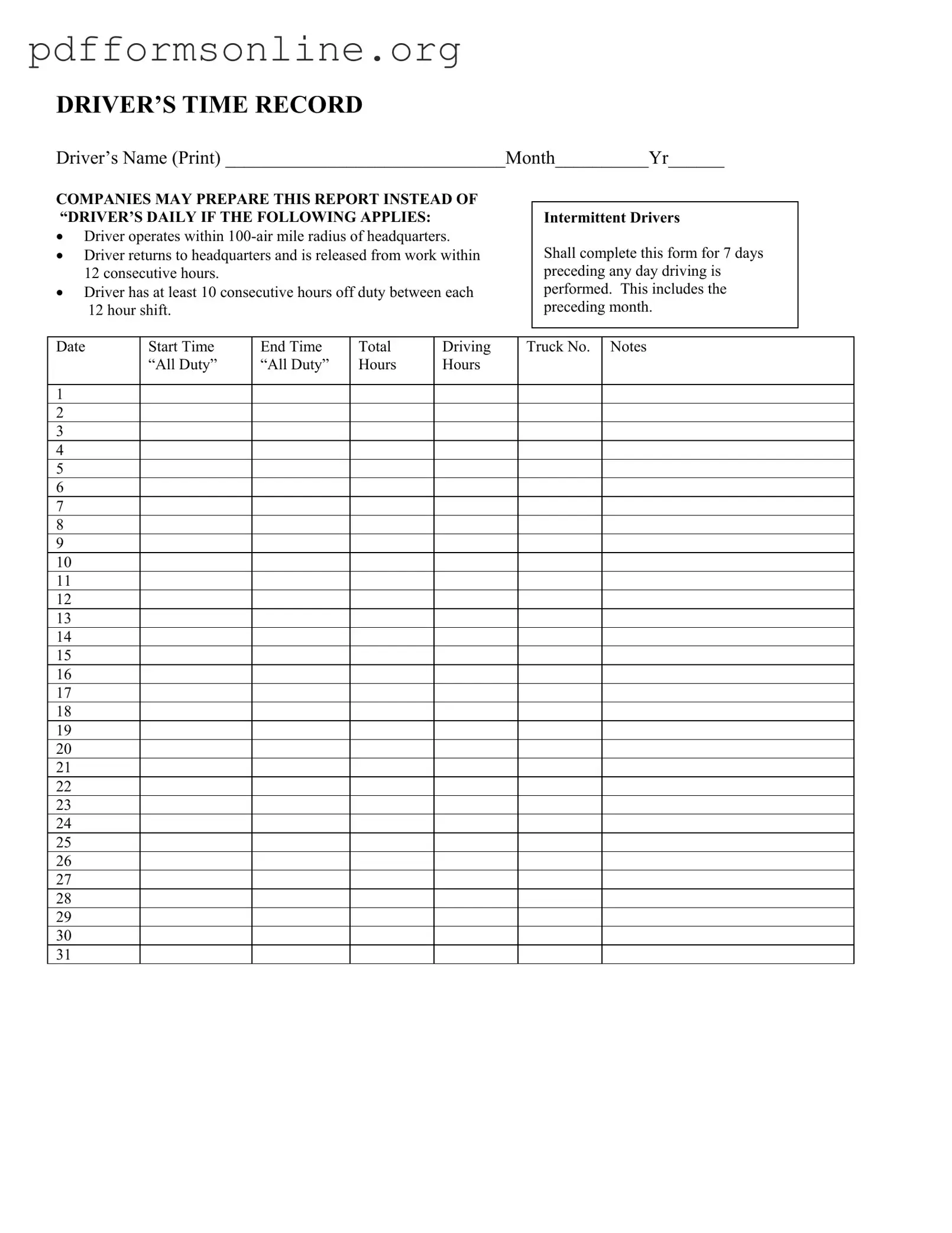 Driver Time Record Template