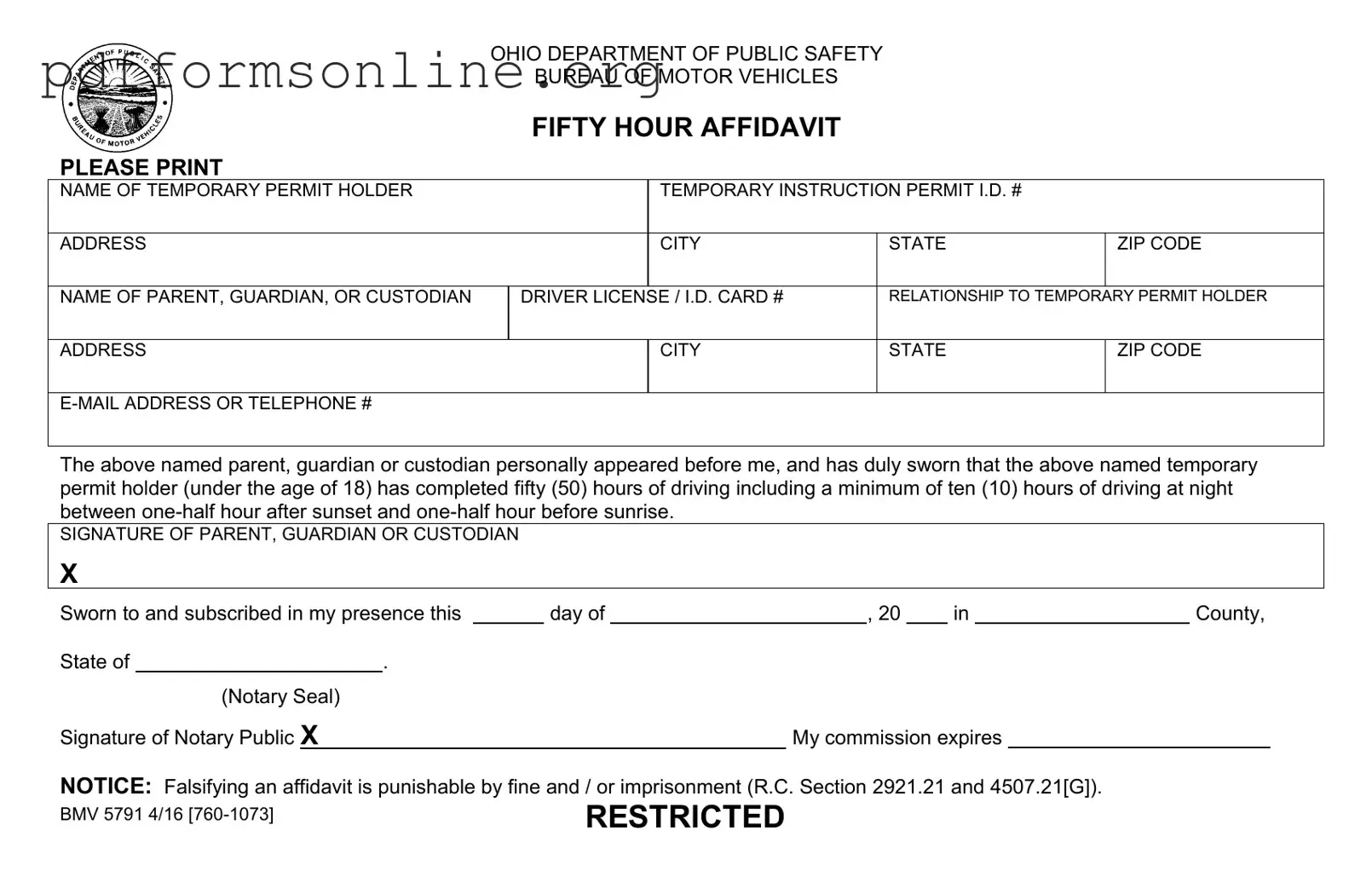 Driving Fifty Hour Affidavit Template