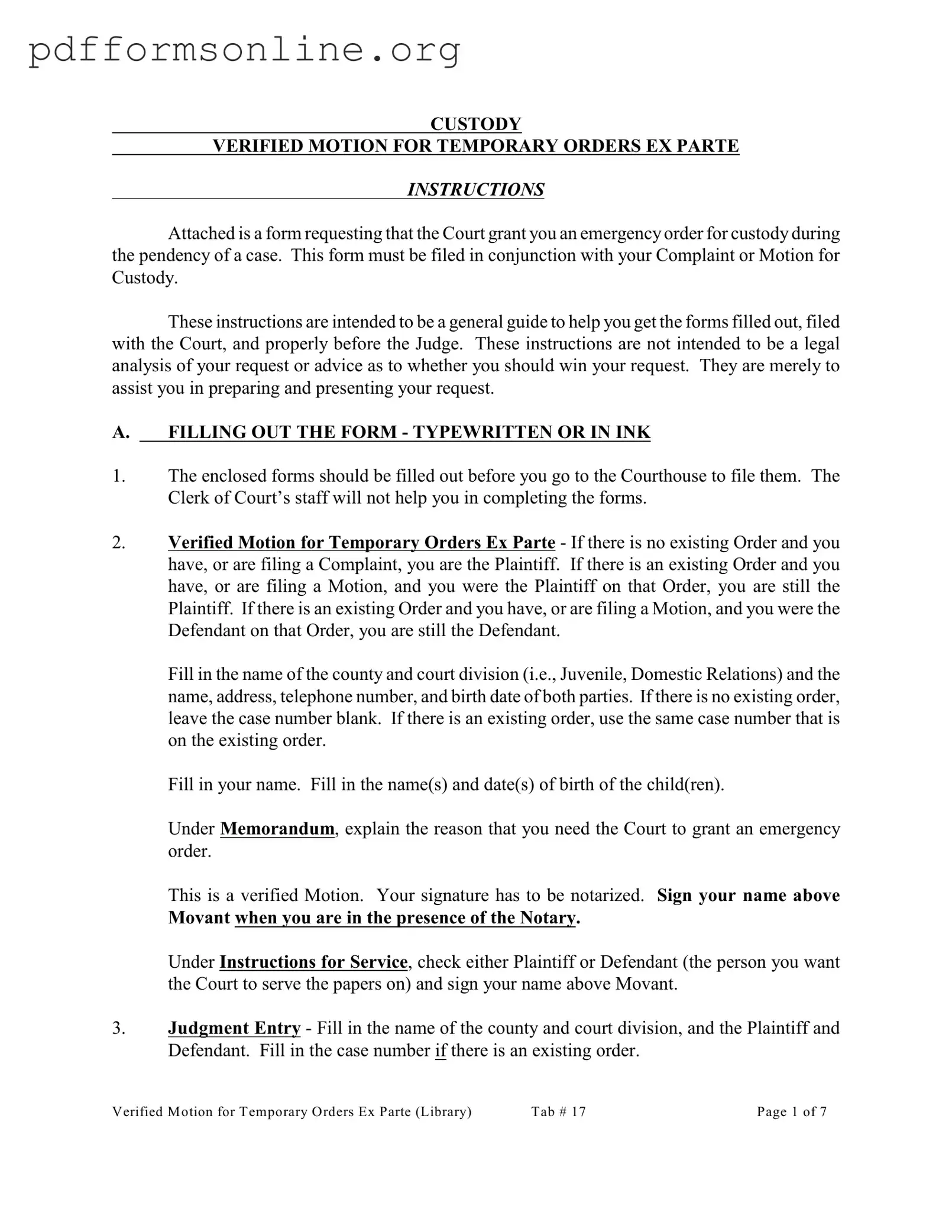 Ex Parte Temporary Custody Order Ohio Template