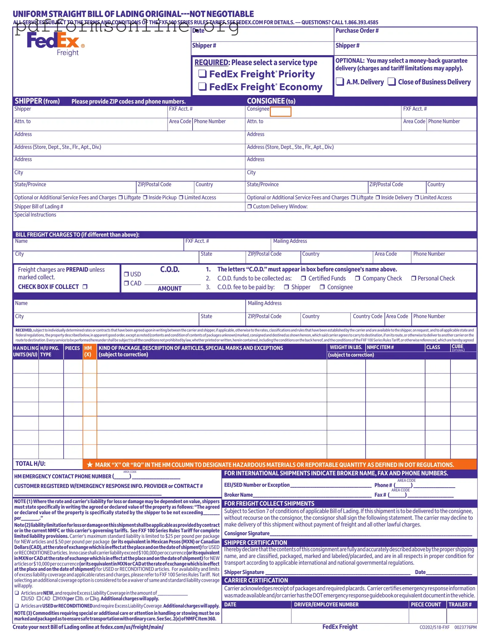 Fedex Bill Of Lading Template