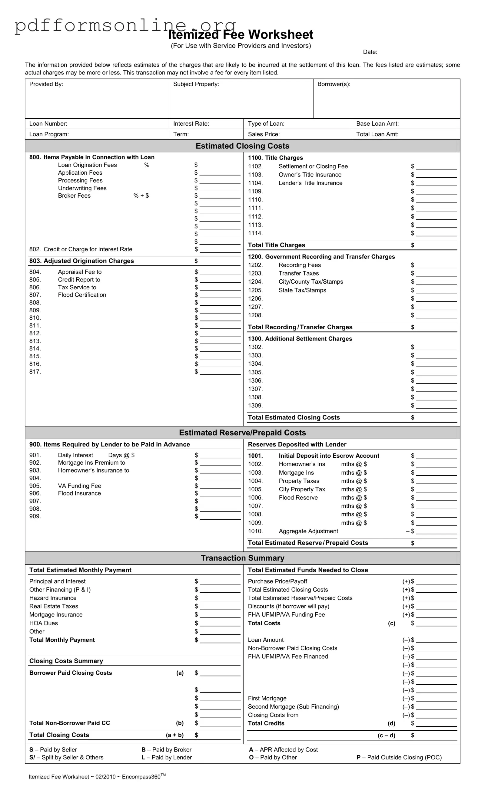 Fee Worksheet Template