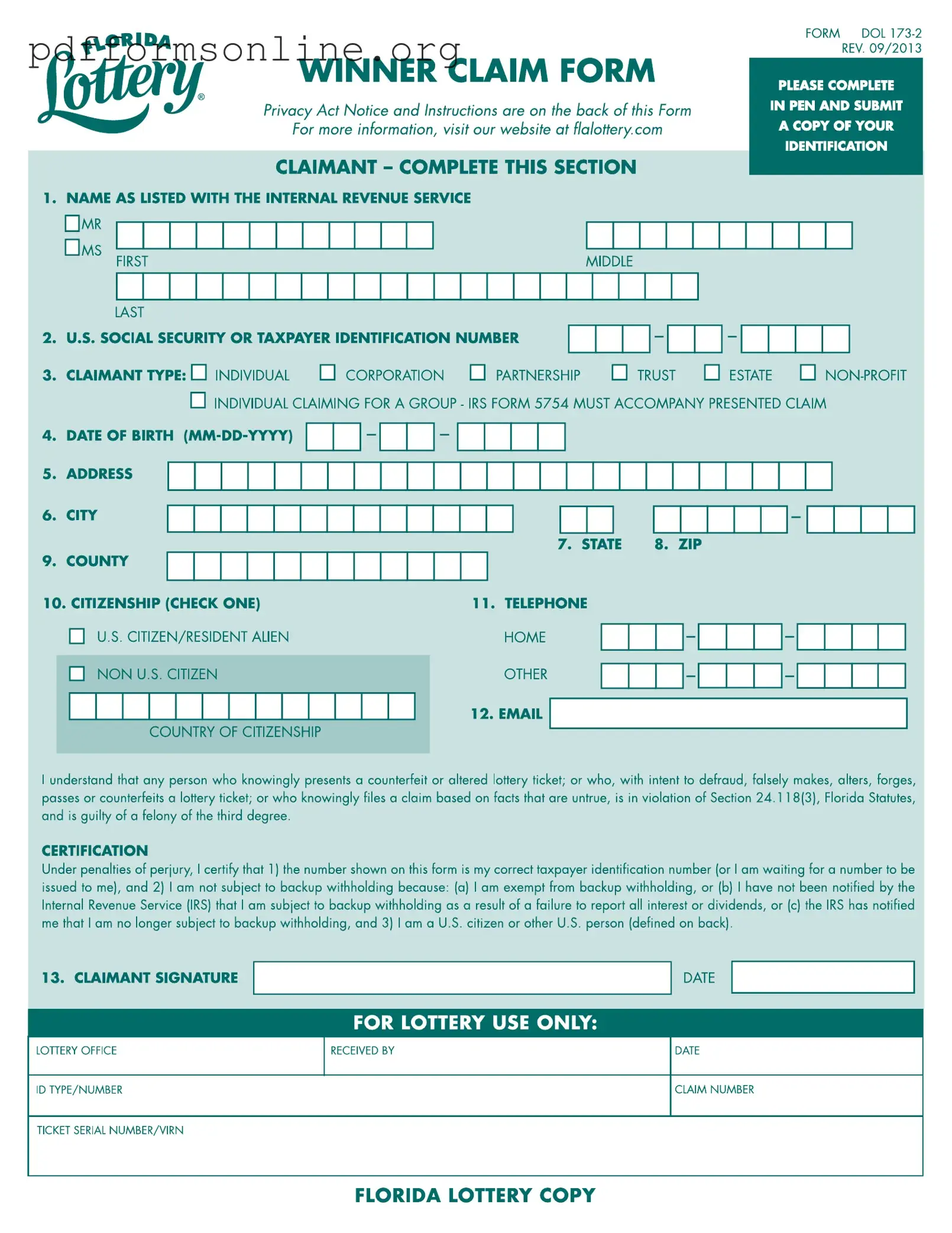 Florida Lottery Claim Template