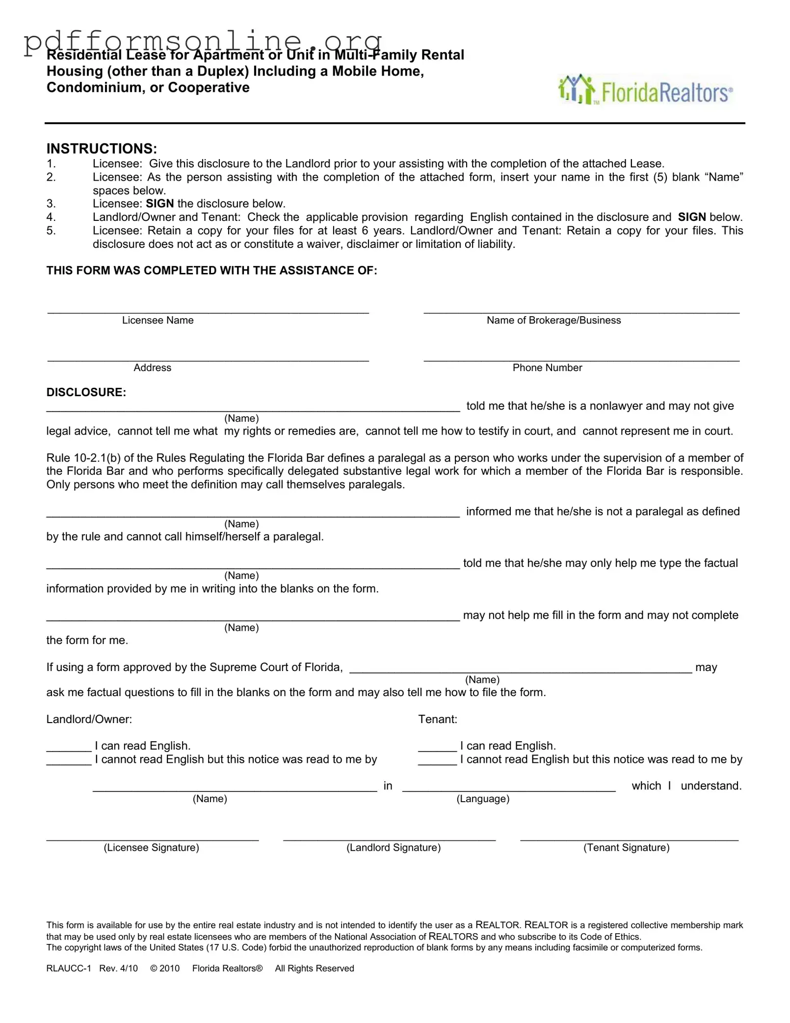 Florida Realtors Residential Lease Template