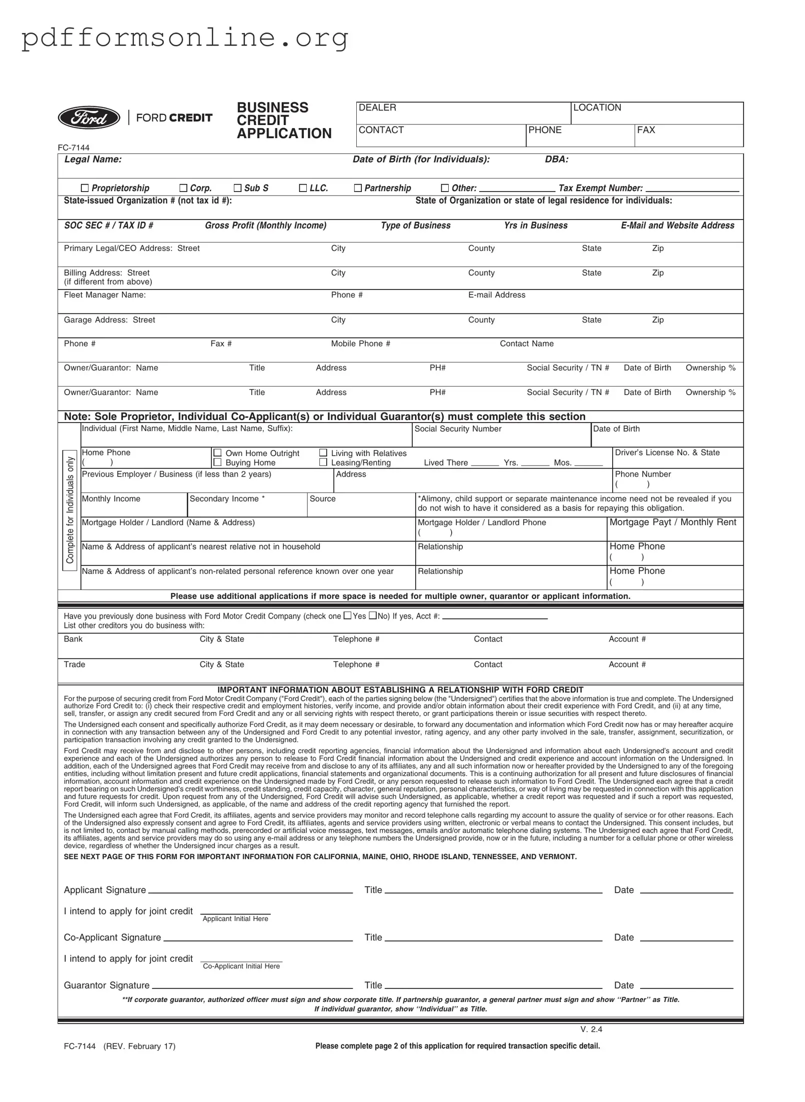Ford Business Credit Application Template