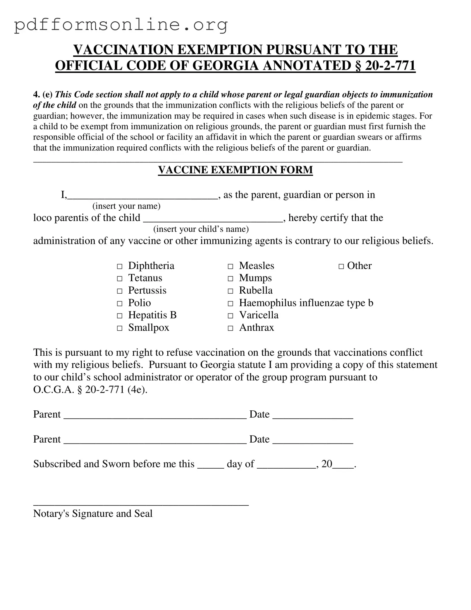 Ga Vaccine Exemption Template