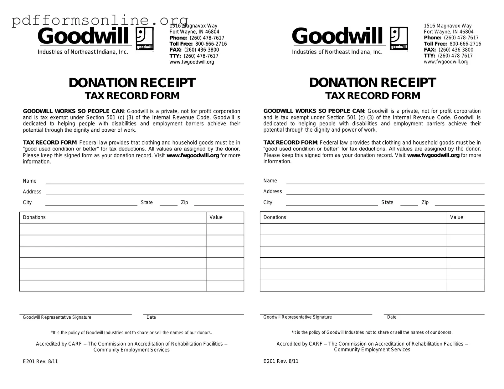 Goodwill donation receipt Template