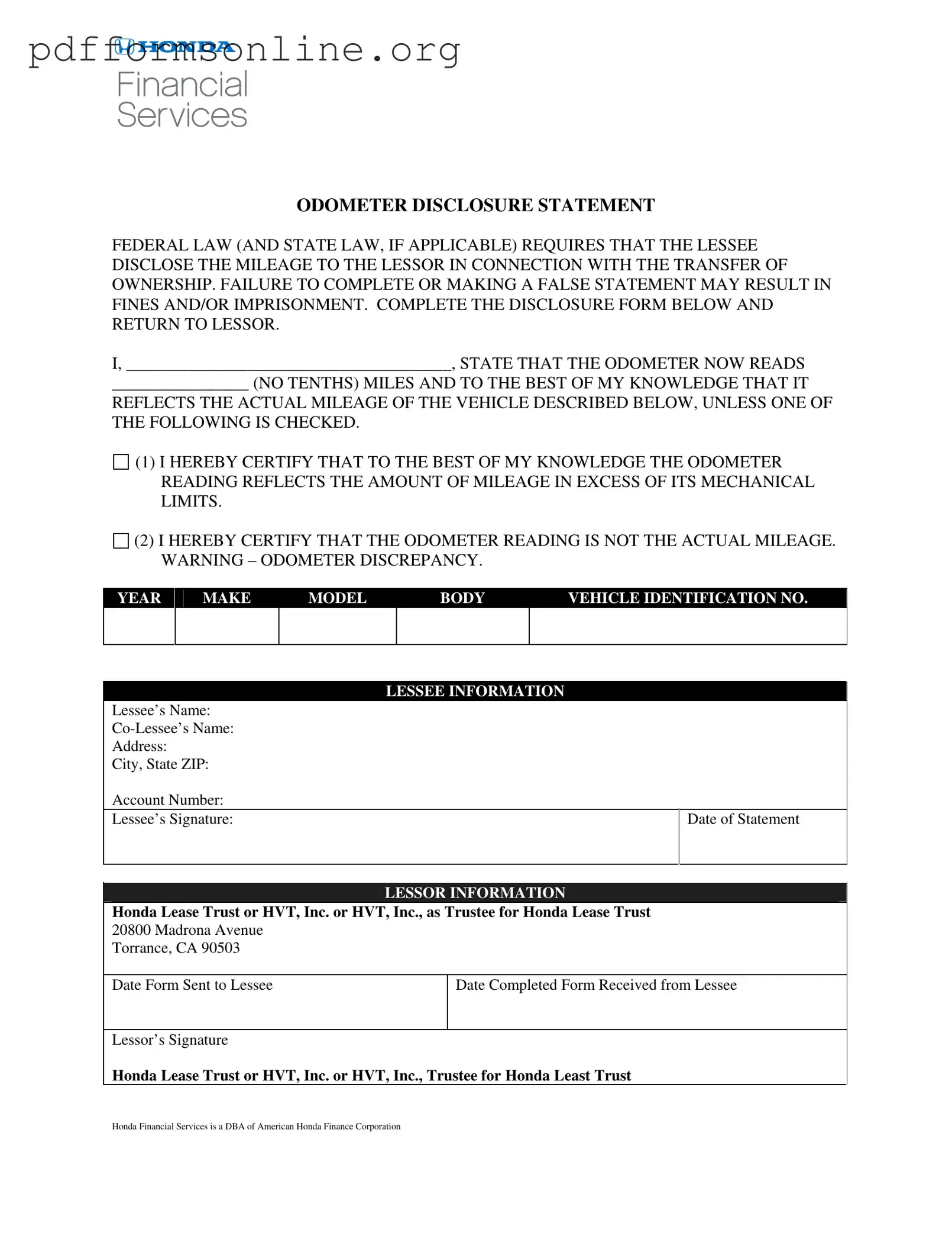 Honda Odometer Statement Template