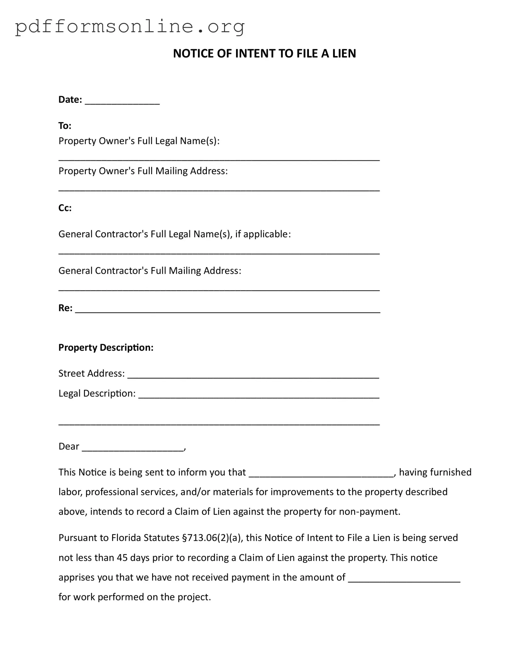Intent To Lien Florida Template