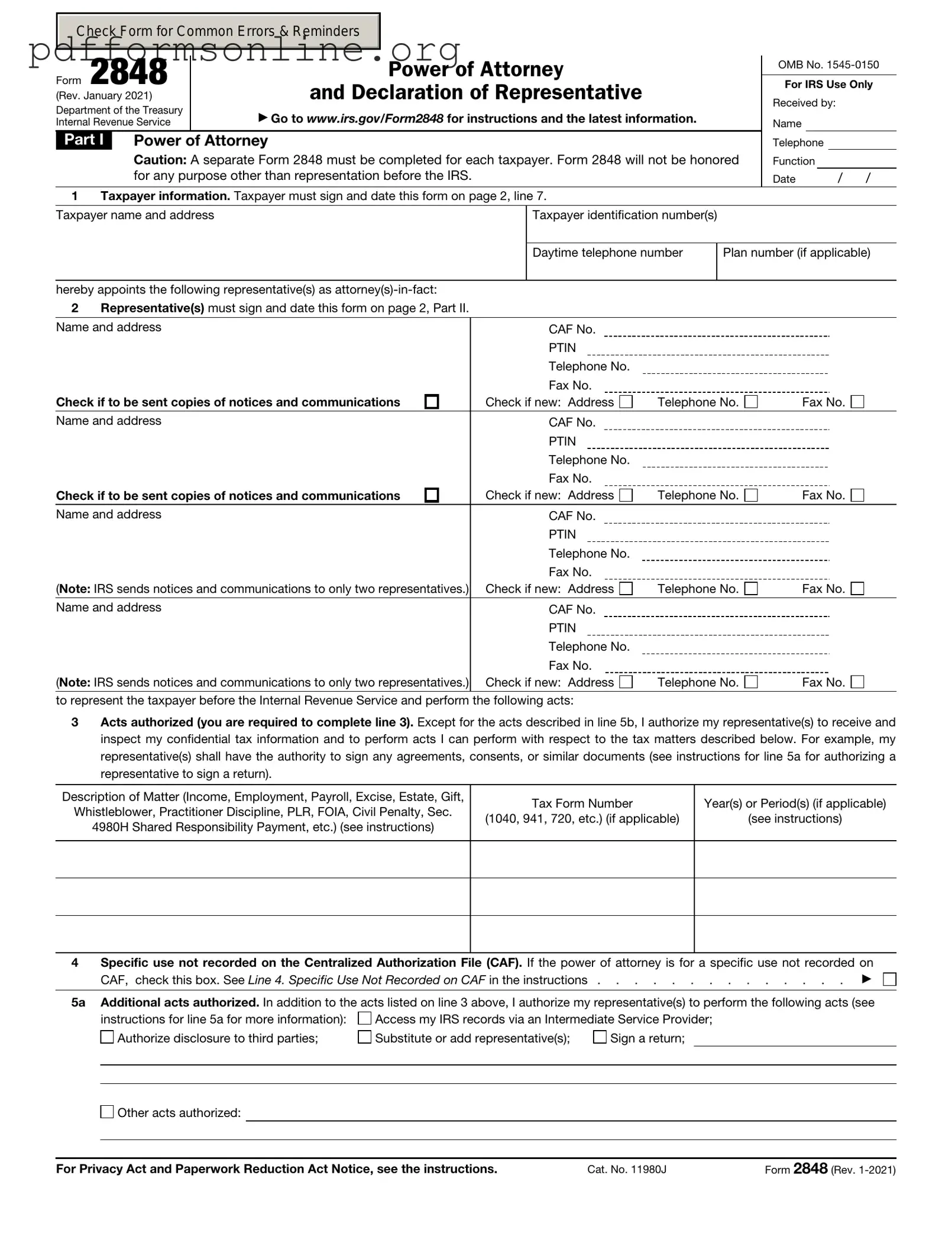 IRS Power of Attorney ( 2848) Template
