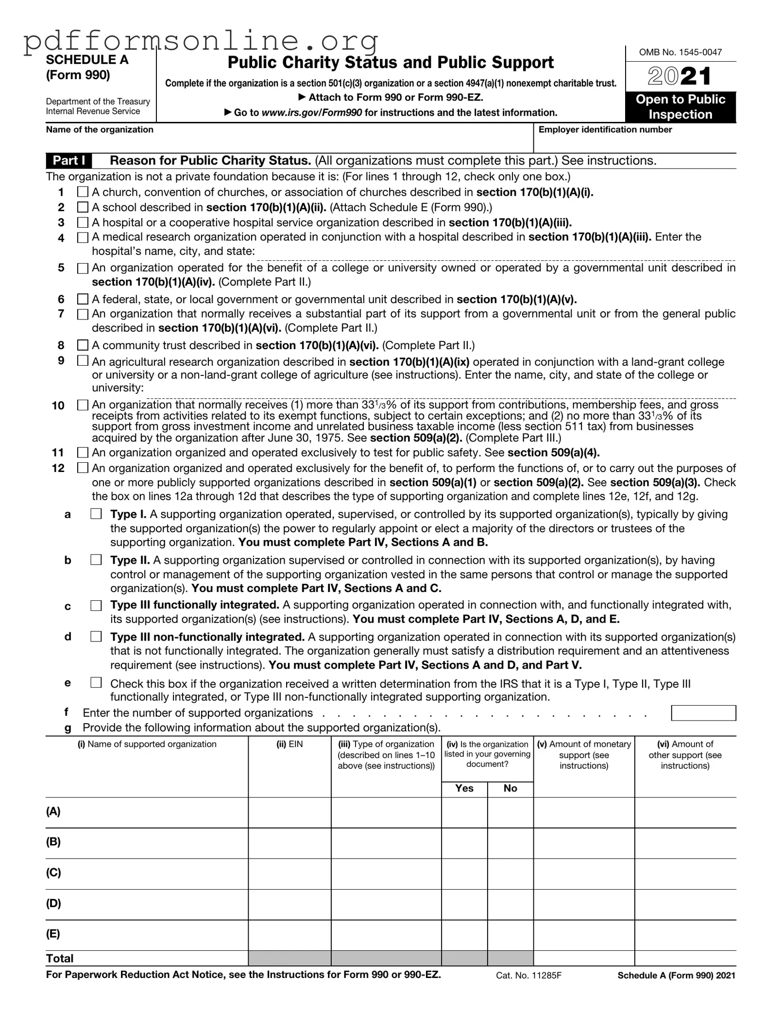 IRS Schedule A 990 or 990-EZ Template