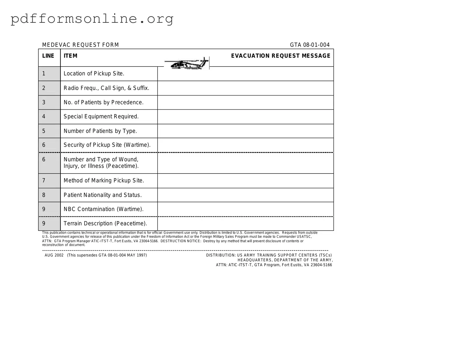 Medevac request form GTA 08-01-004 Template