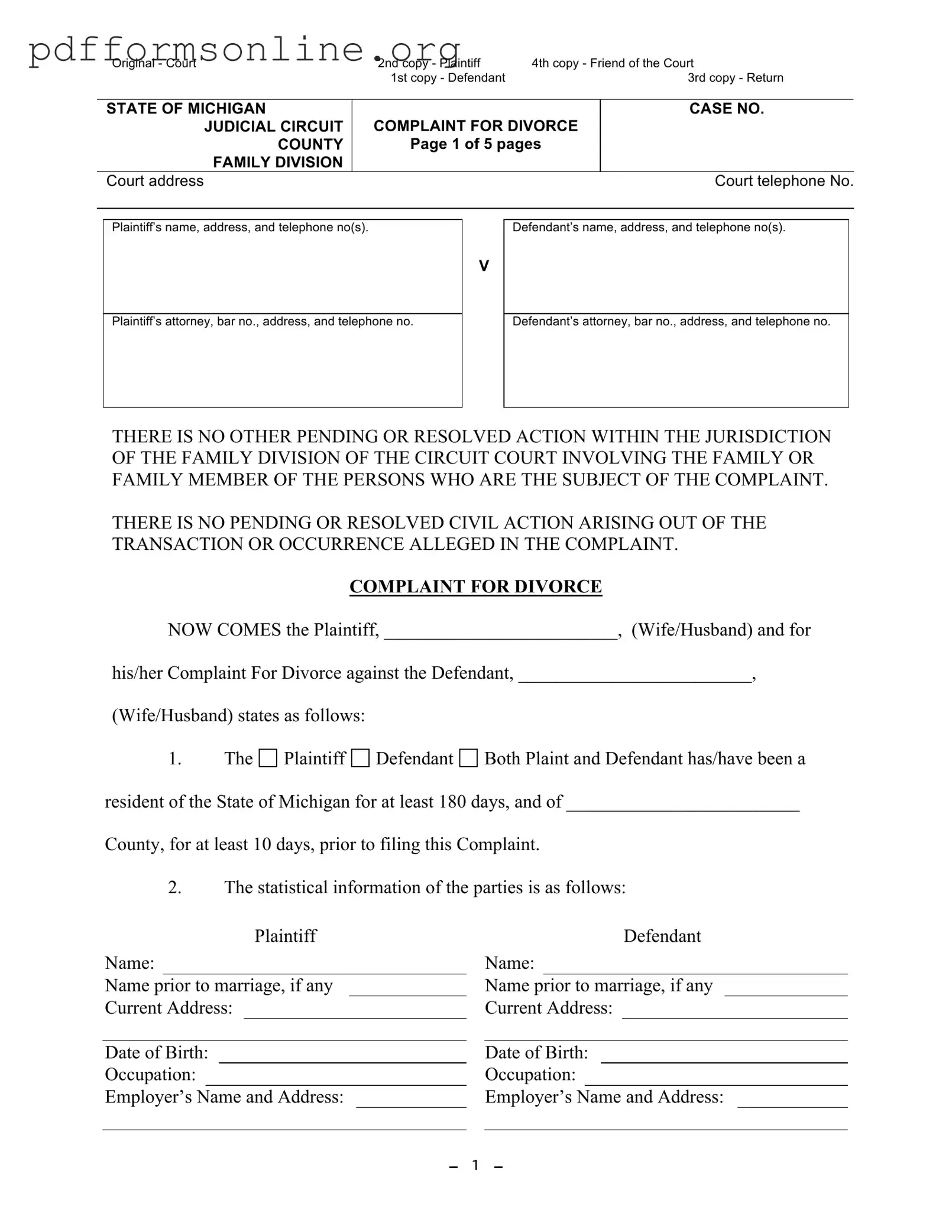 Michigan Complaint Divorce Template