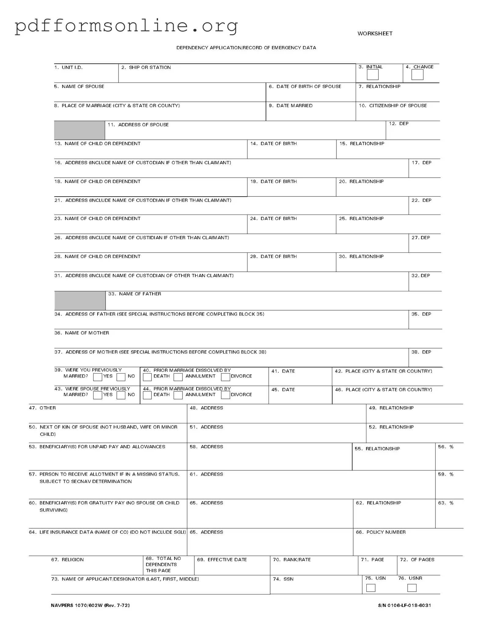 Navpers 1070 602W Template