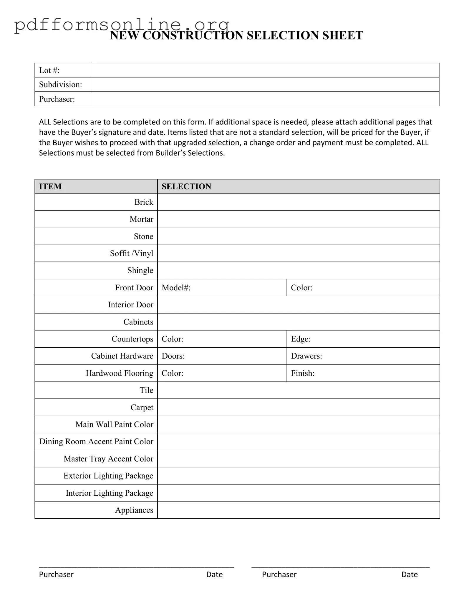 New Construction Selection Sheet Template