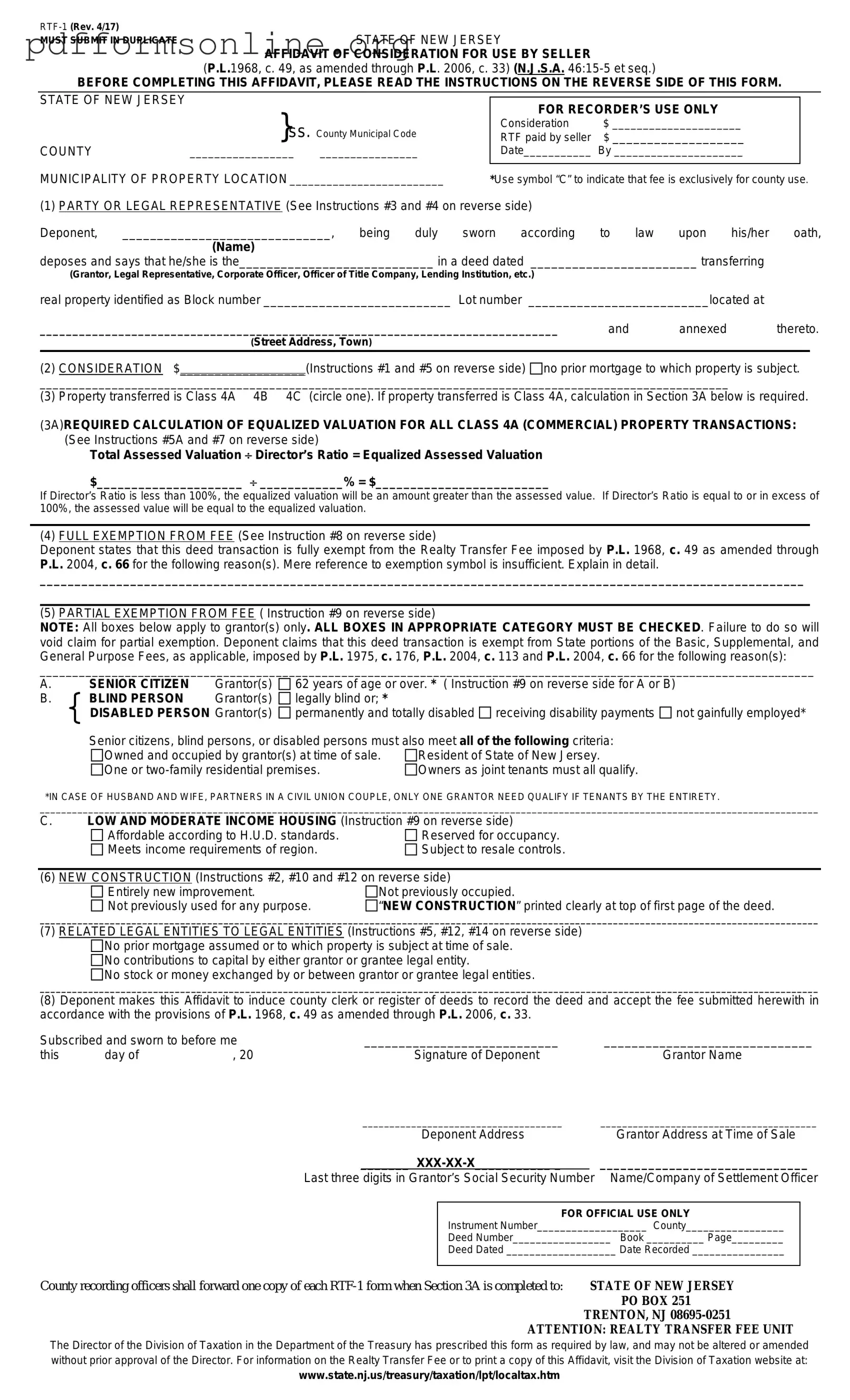 New Jersey Affidavit of Consideration RTF-1 Template