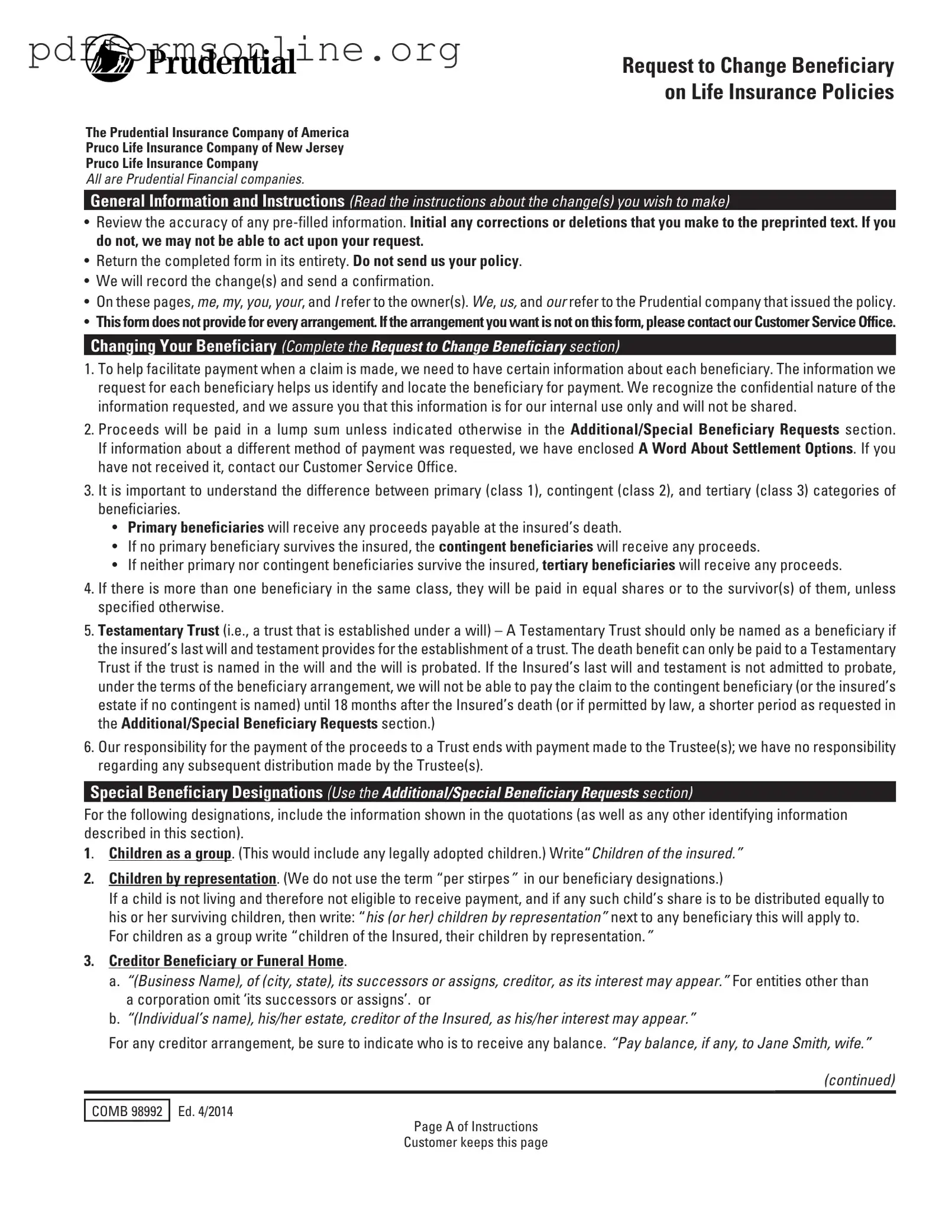 Prudential Change Beneficiary Template