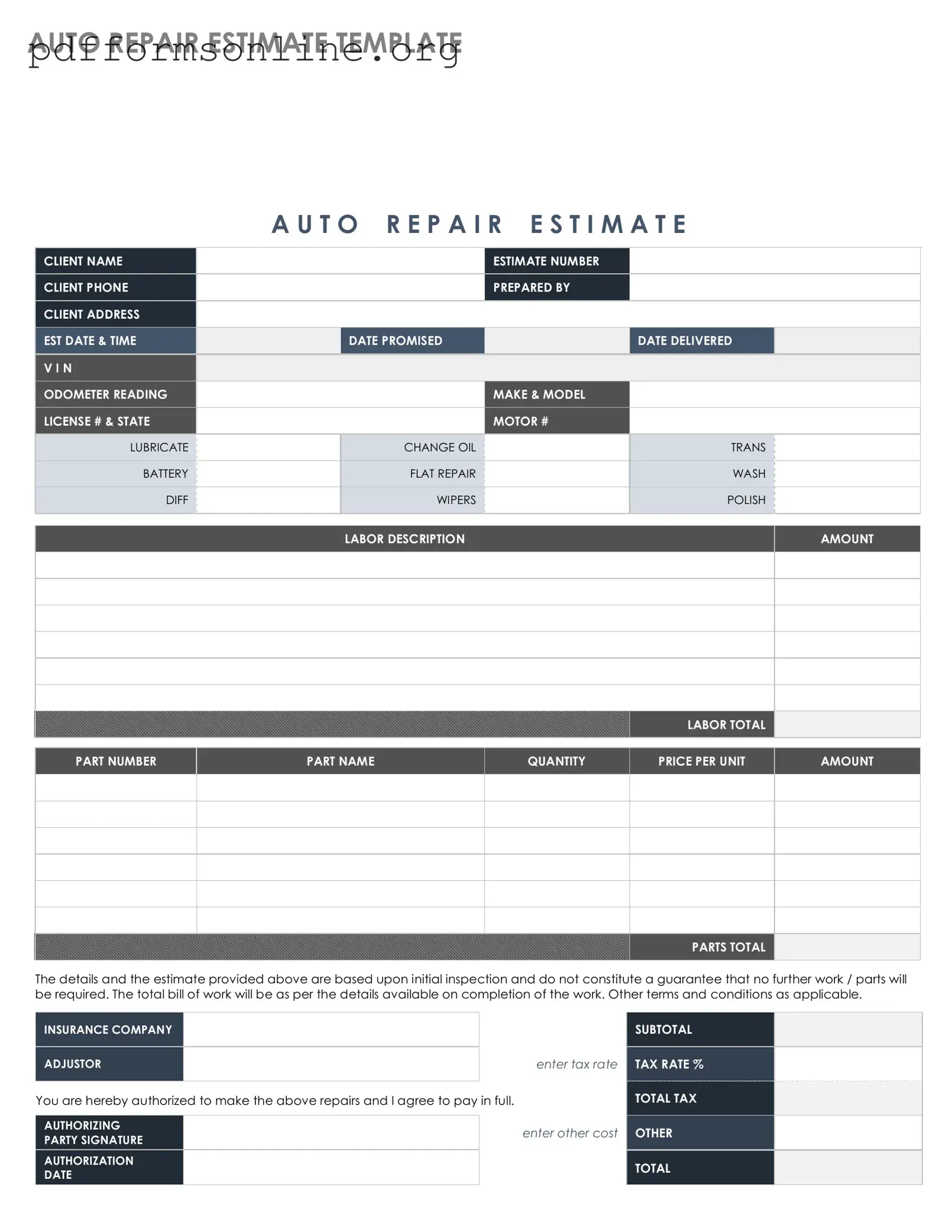 Auto Repair Estimate Template
