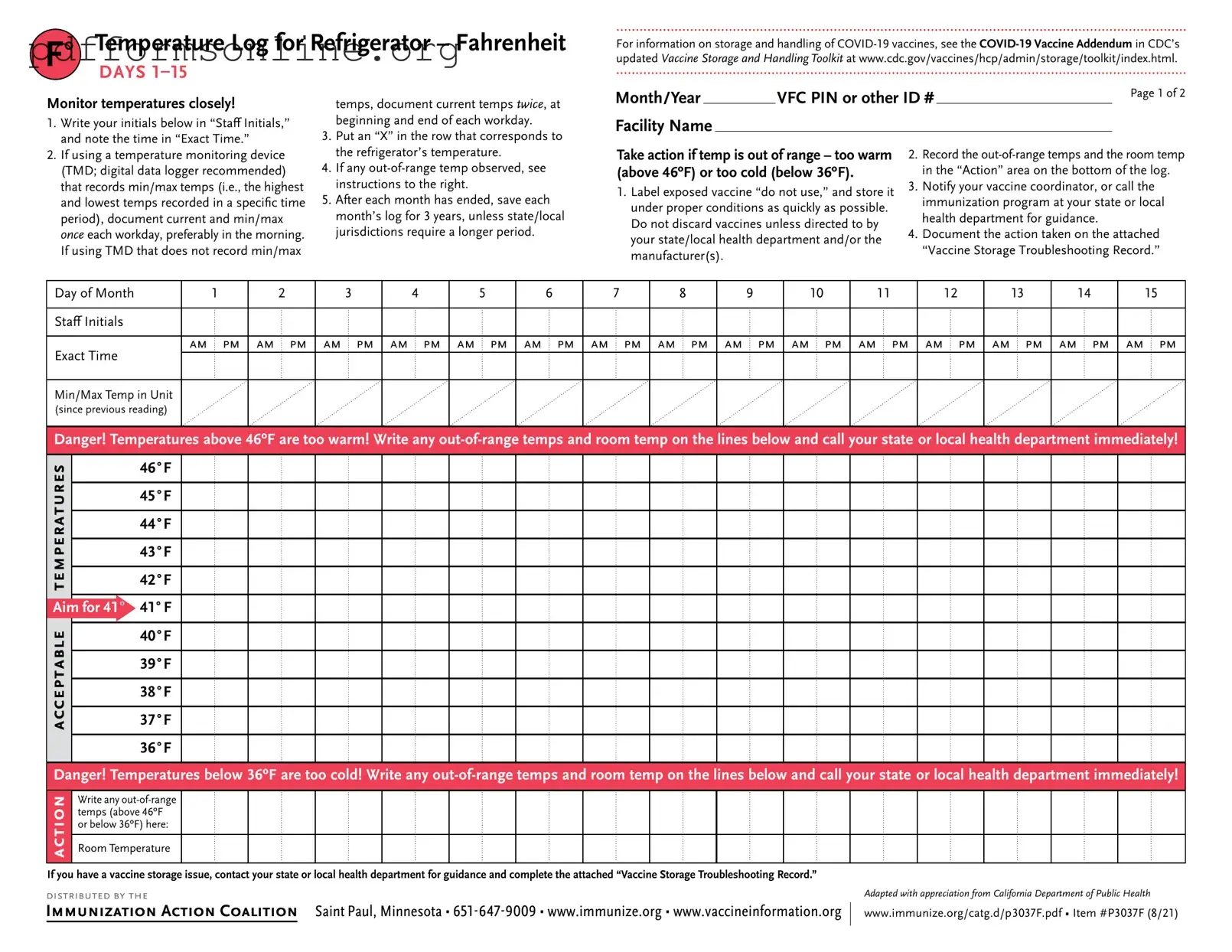 Refrigerator Temperature Log Template