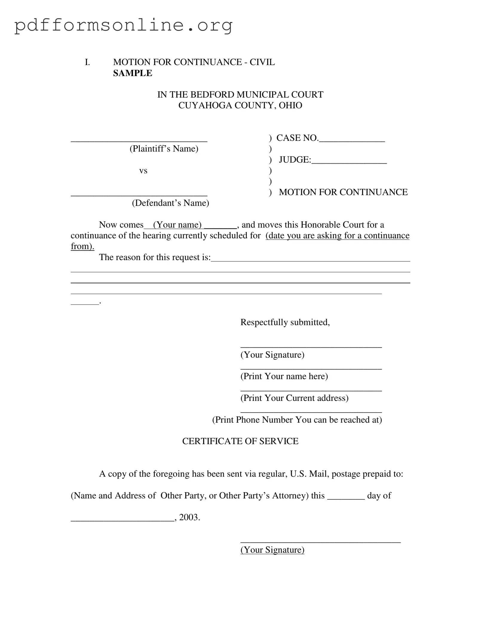Motion For Continuance Template
