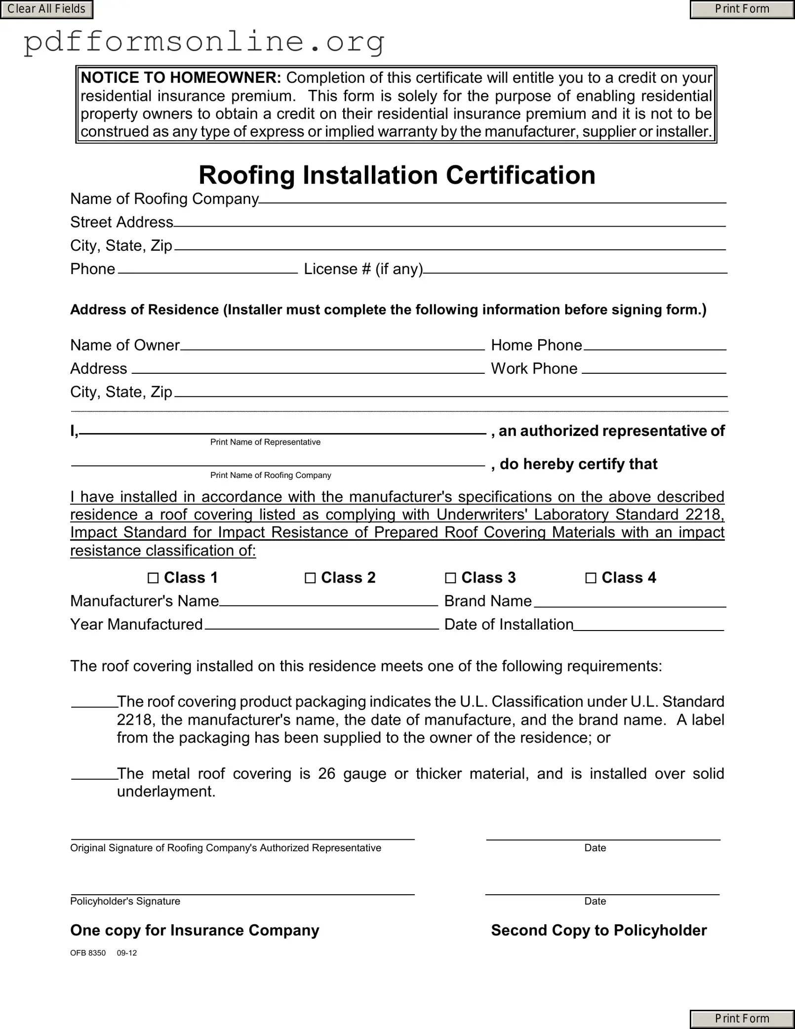 Roofing Installation Certification Template