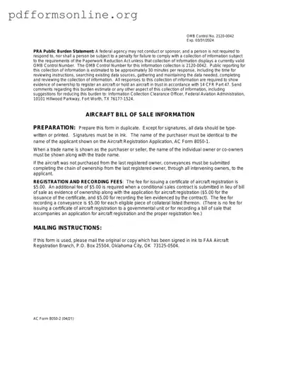 Aircraft Bill of Sale AC 8050-2 Template