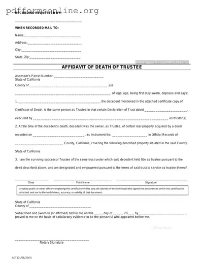 California Affidavit of Death of a Trustee Template