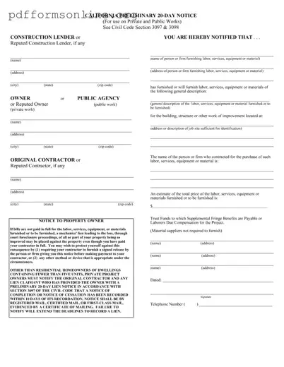 California Preliminary 20 Day Notice Template