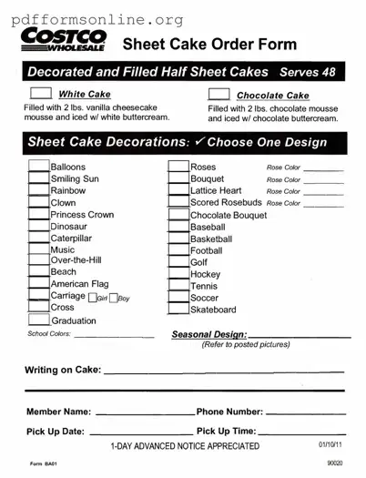 Costco cake order form Template