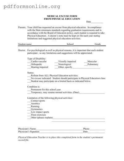 Excuse Physical Education Template